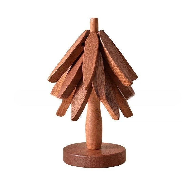 Wooden Christmas Tree Coaster Set – Solid Walnut & Beech, Heat-Resistant, 3-Piece with Base