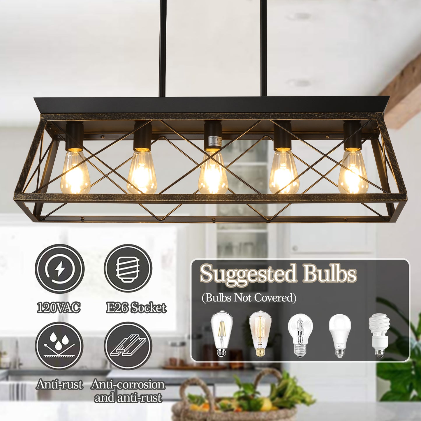 5-Light Farmhouse Chandelier – Rustic Black & Gold Pendant Light for Kitchen Island & Dining Room