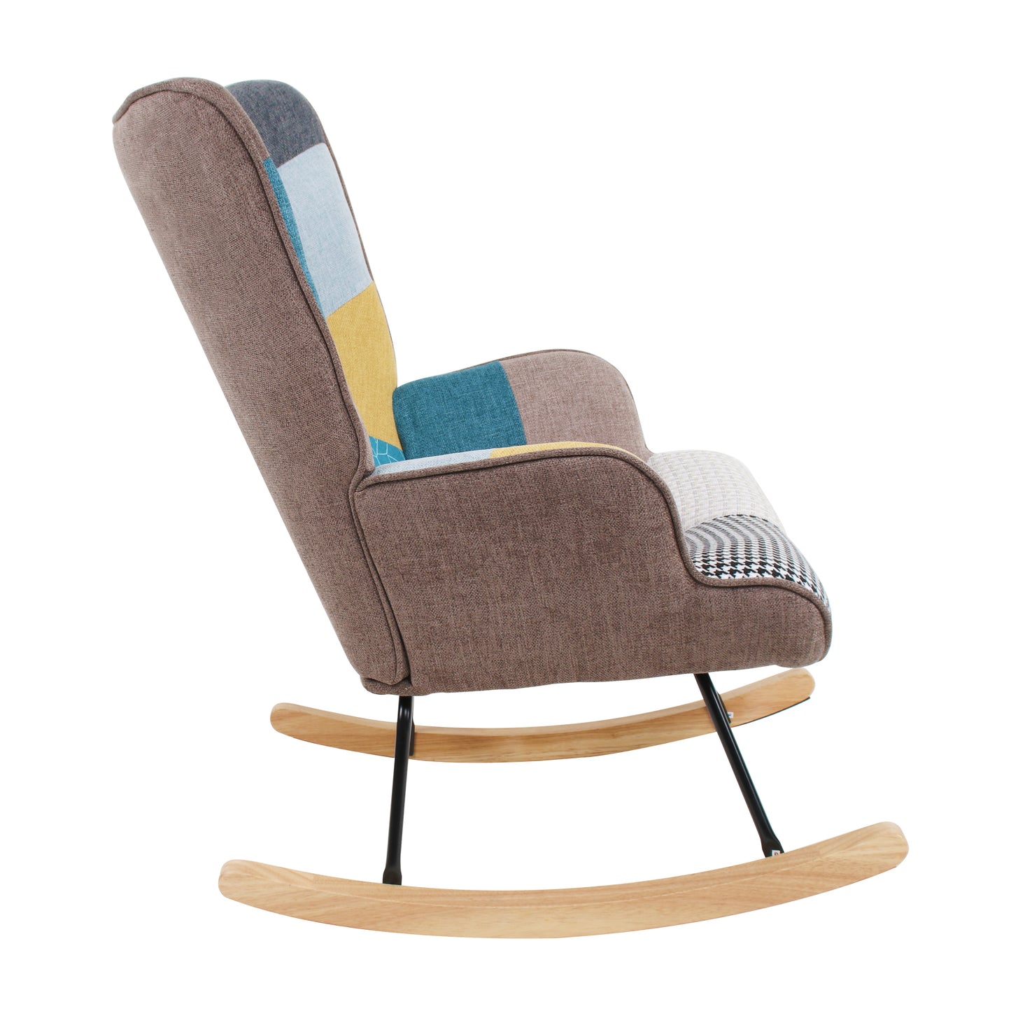 Mid-Century Rocking Chair with Ottoman – Patchwork Fabric Rocker with Wood Legs
