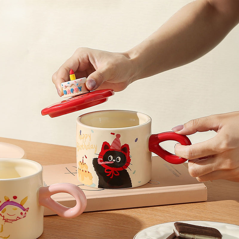 Adorable Cartoon Cat Mug with Lid – Cute Ceramic Coffee Cup for Gifts & Office Use