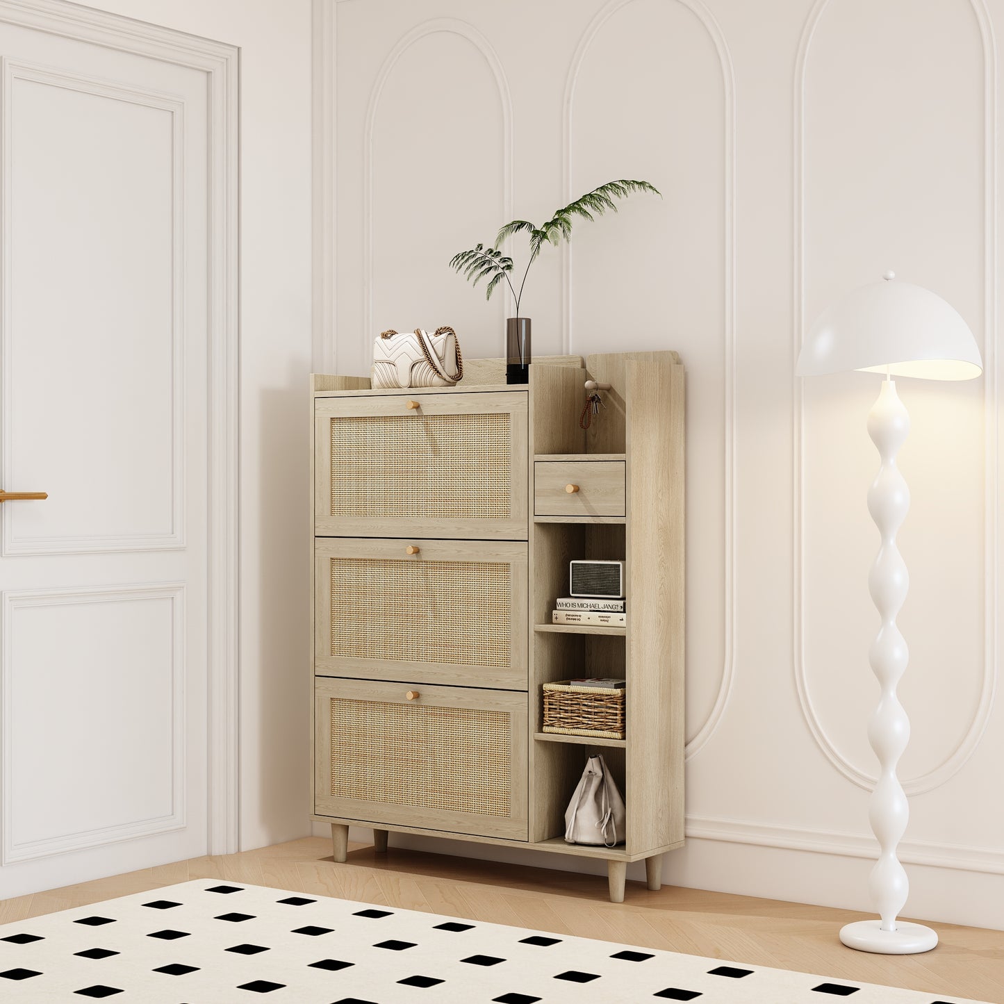 Natural Bohemian Rattan Shoe Cabinet – 3 Flip Drawers, Shelves & Storage Drawer