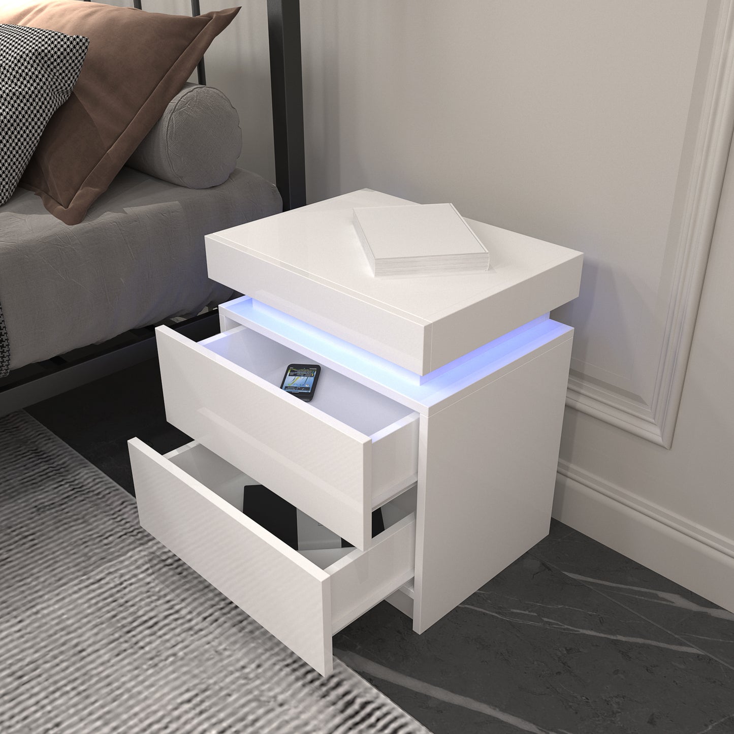 Modern White Nightstand with LED Lights & 2 Storage Drawers