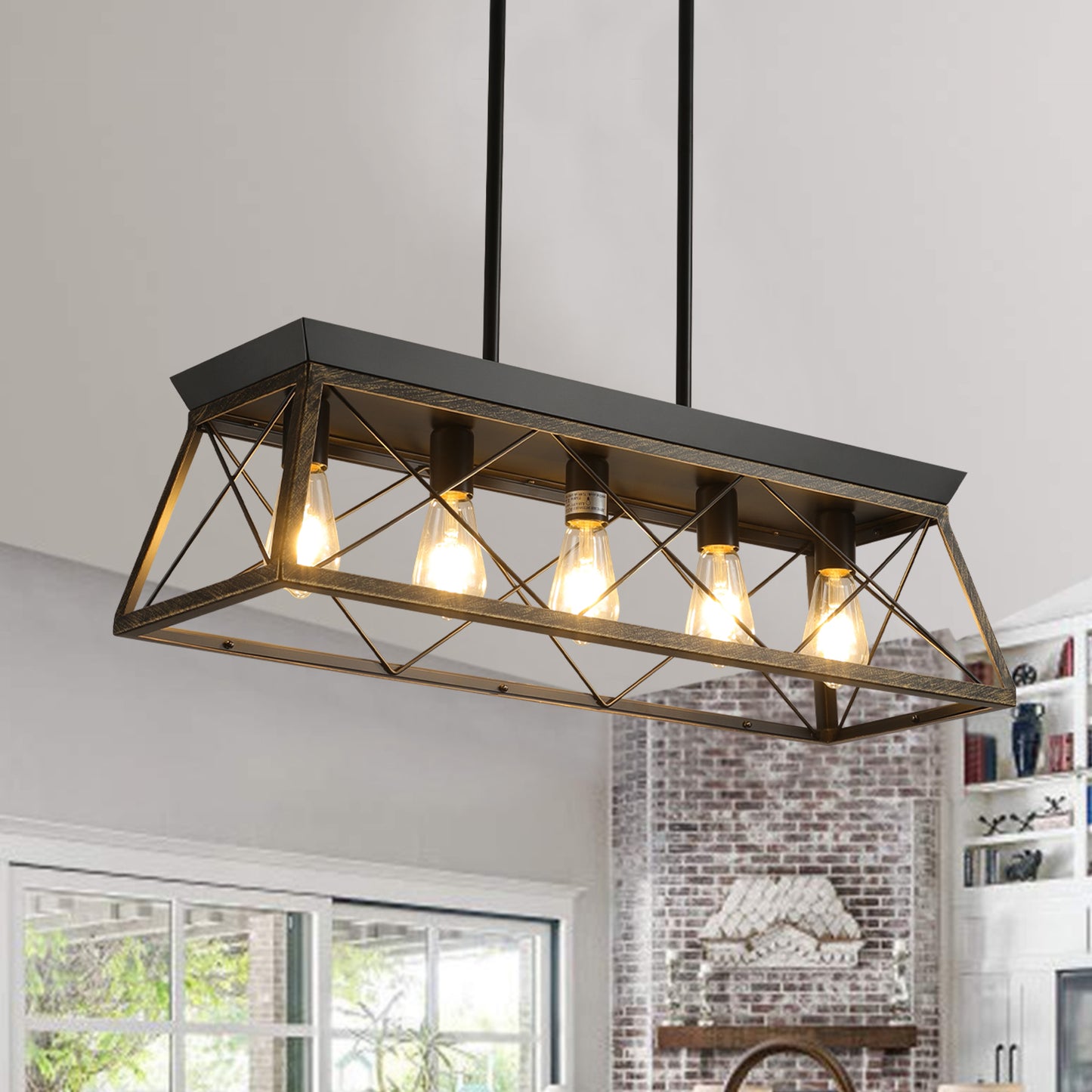 5-Light Farmhouse Chandelier – Rustic Black & Gold Pendant Light for Kitchen Island & Dining Room