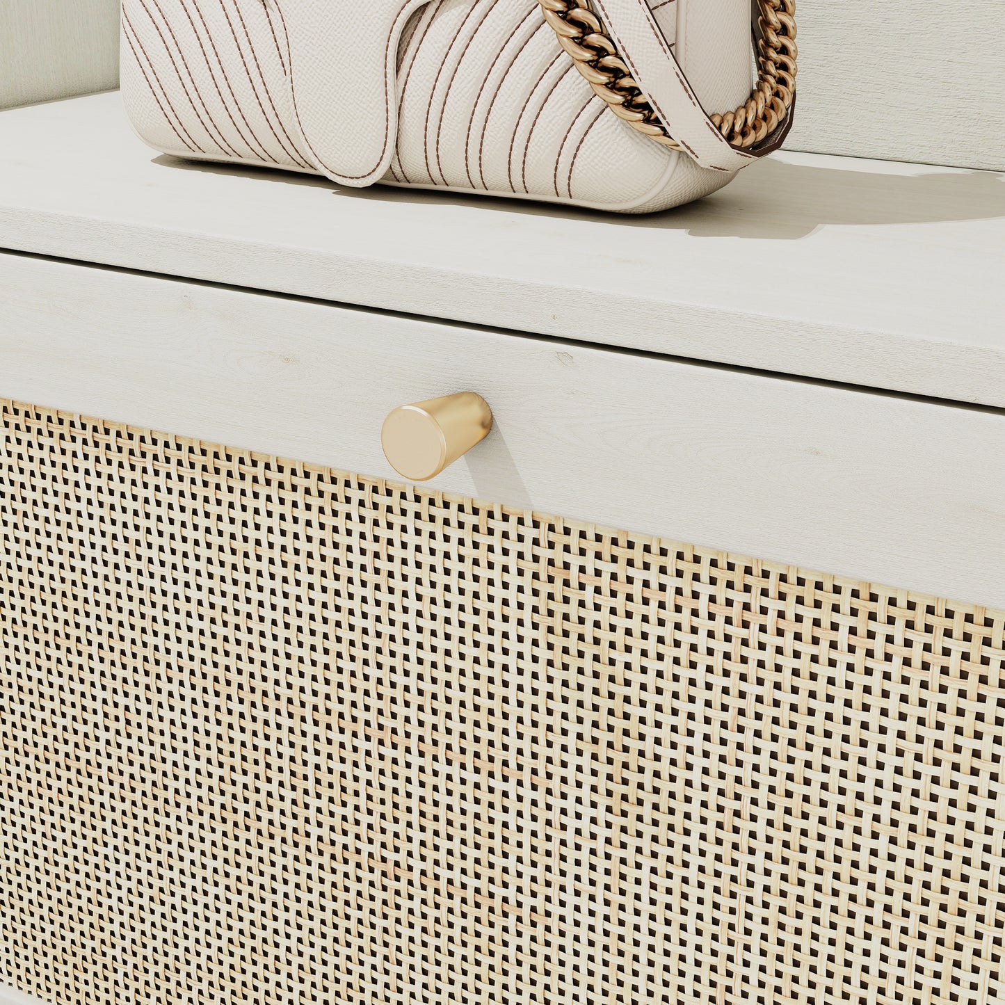 Natural Boho Rattan Shoe Cabinet – 3 Flip Drawers, Open Shelves & Storage Drawer