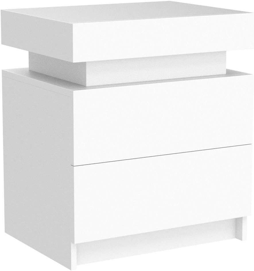 Modern White Nightstand with LED Lights & 2 Storage Drawers