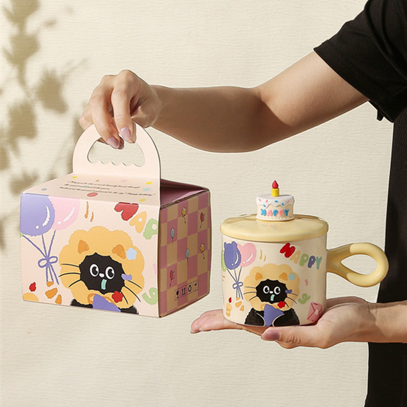 Adorable Cartoon Cat Mug with Lid – Cute Ceramic Coffee Cup for Gifts & Office Use