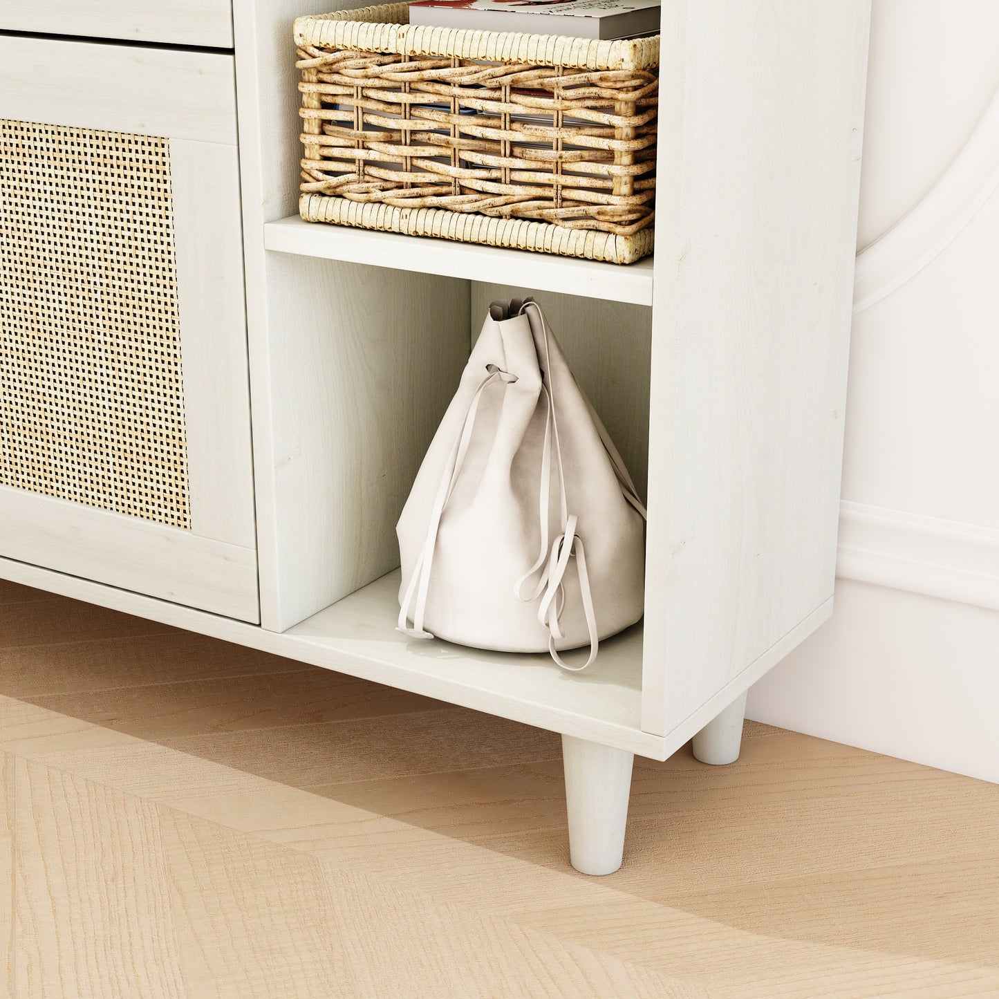 Natural Boho Rattan Shoe Cabinet – 3 Flip Drawers, Open Shelves & Storage Drawer