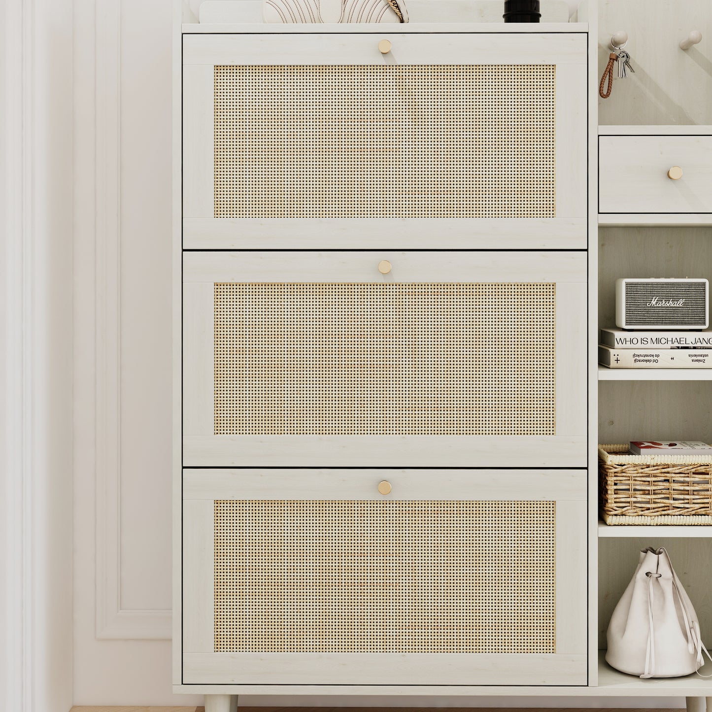 Natural Boho Rattan Shoe Cabinet – 3 Flip Drawers, Open Shelves & Storage Drawer