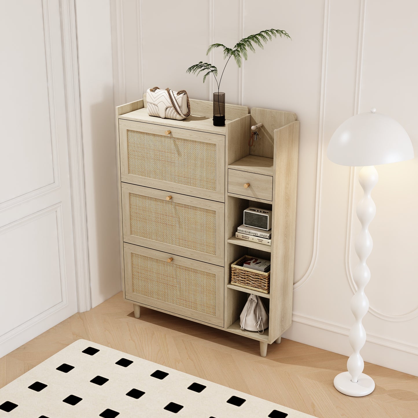 Natural Bohemian Rattan Shoe Cabinet – 3 Flip Drawers, Shelves & Storage Drawer