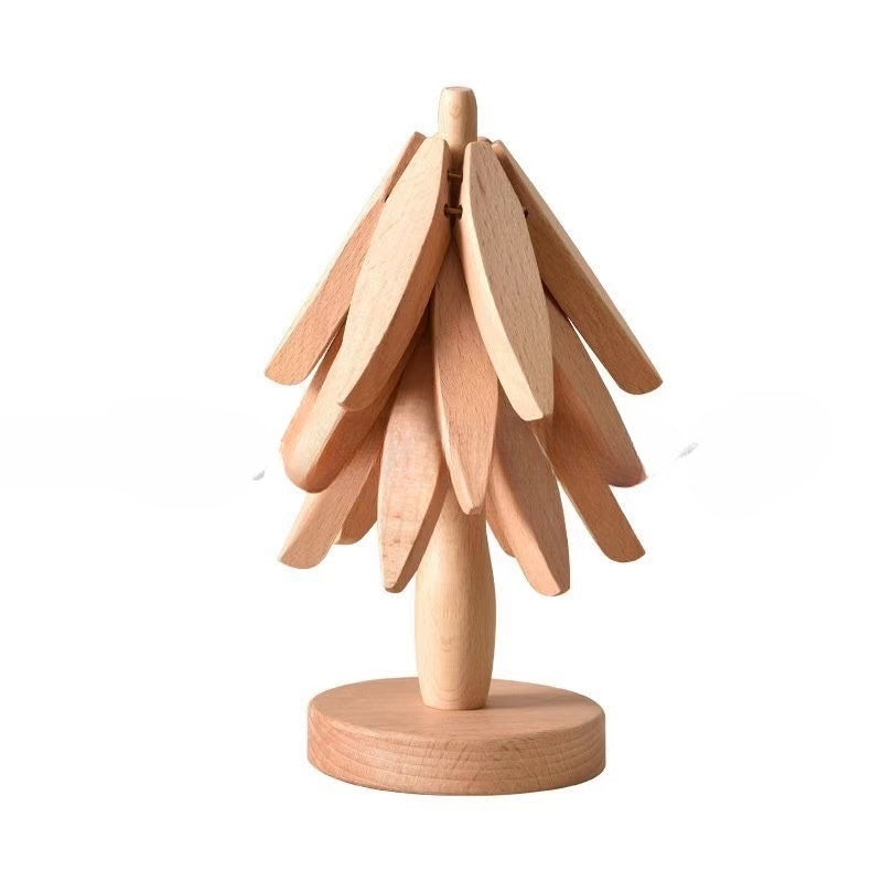Wooden Christmas Tree Coaster Set – Solid Walnut & Beech, Heat-Resistant, 3-Piece with Base