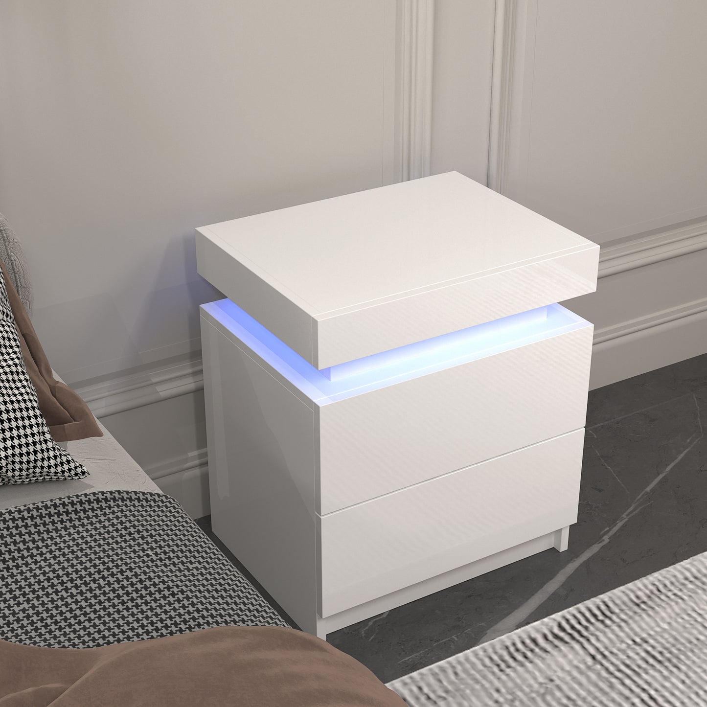Modern White Nightstand with LED Lights & 2 Storage Drawers