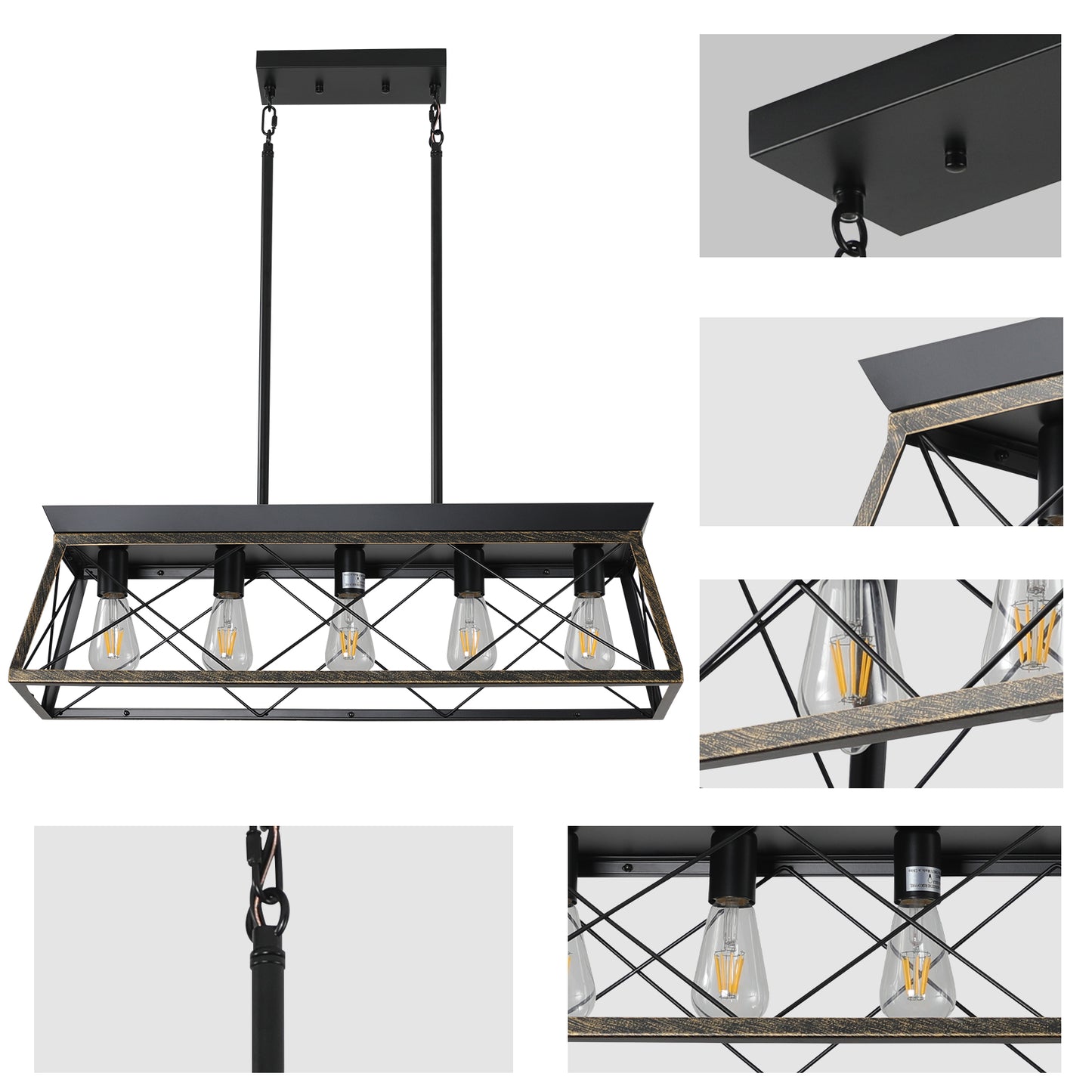 5-Light Farmhouse Chandelier – Rustic Black & Gold Pendant Light for Kitchen Island & Dining Room