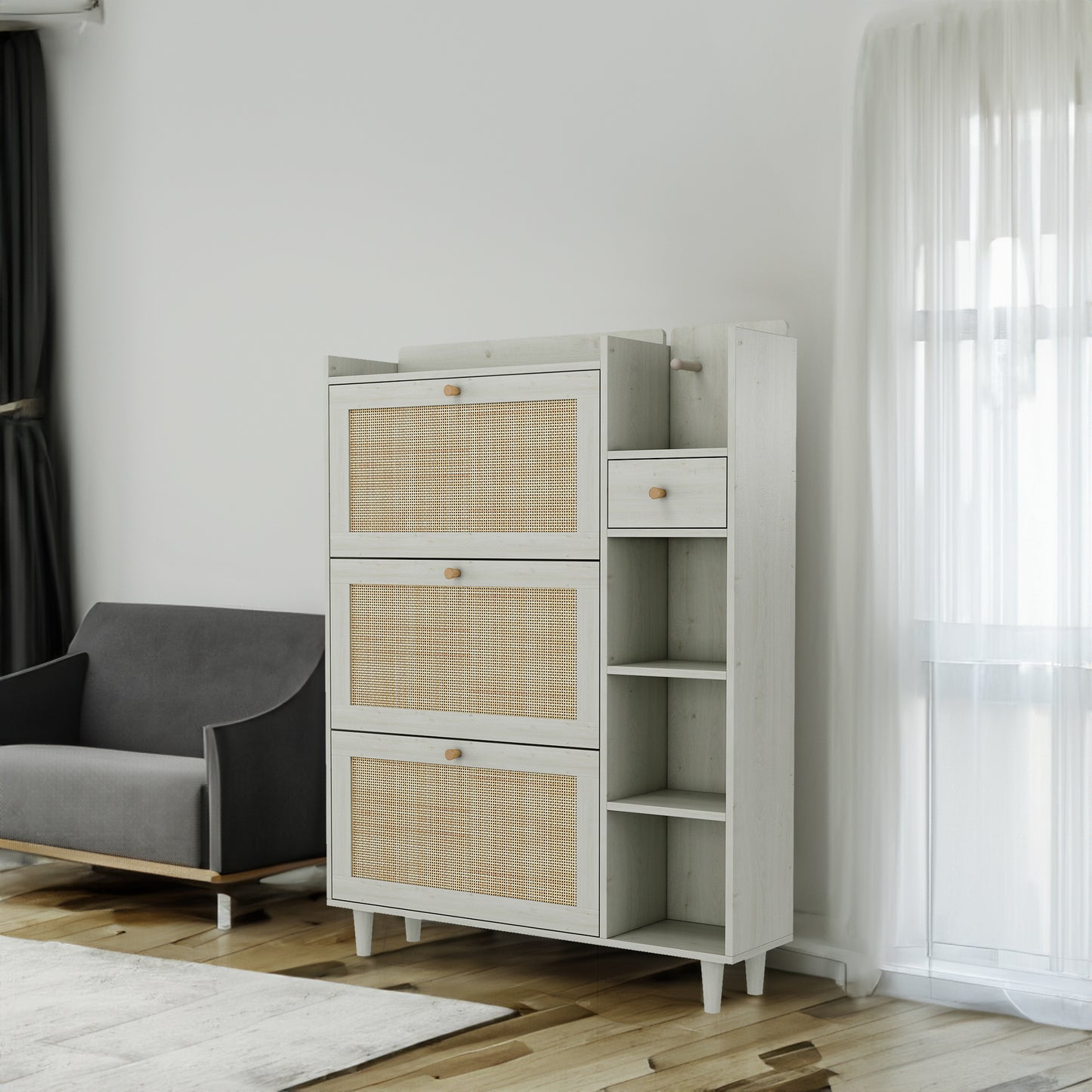 Natural Boho Rattan Shoe Cabinet – 3 Flip Drawers, Open Shelves & Storage Drawer