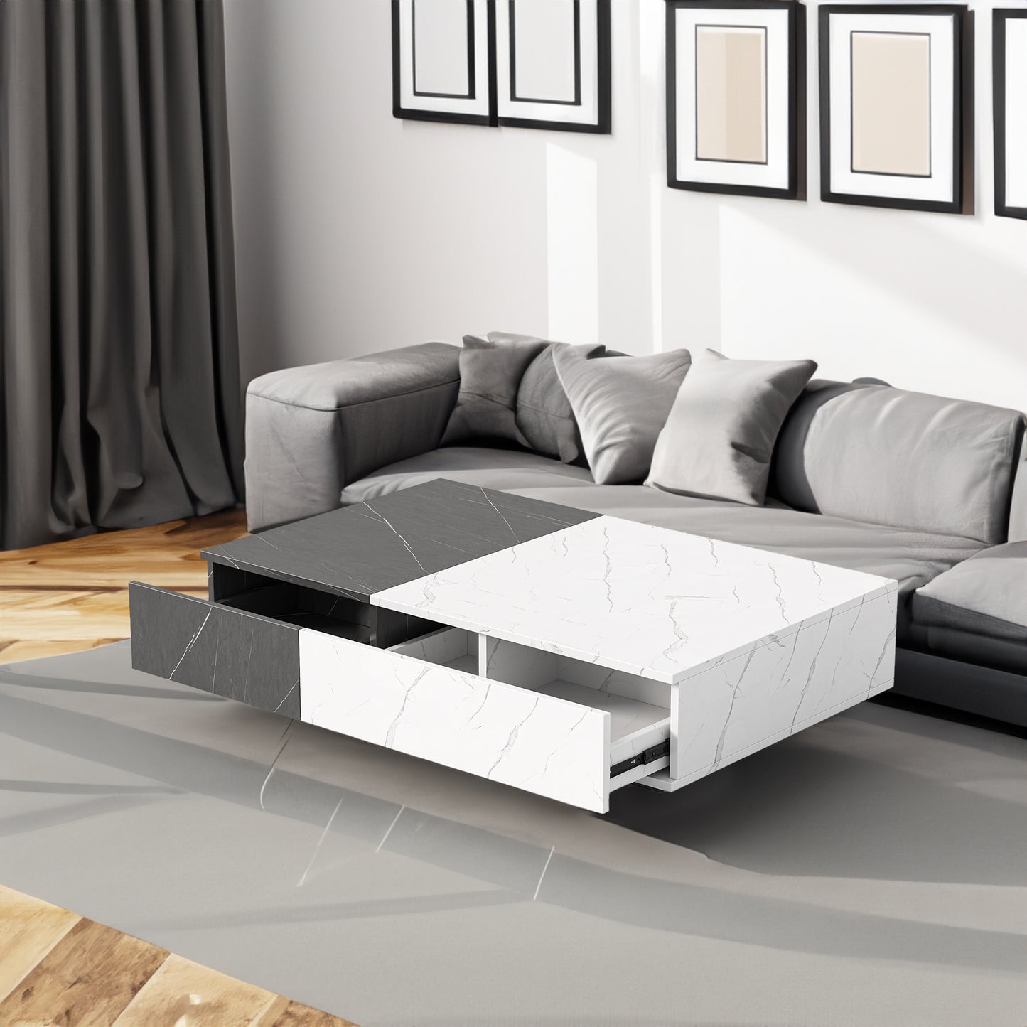 Modern Black & White Coffee Table – Rectangular with 2 Storage Spaces