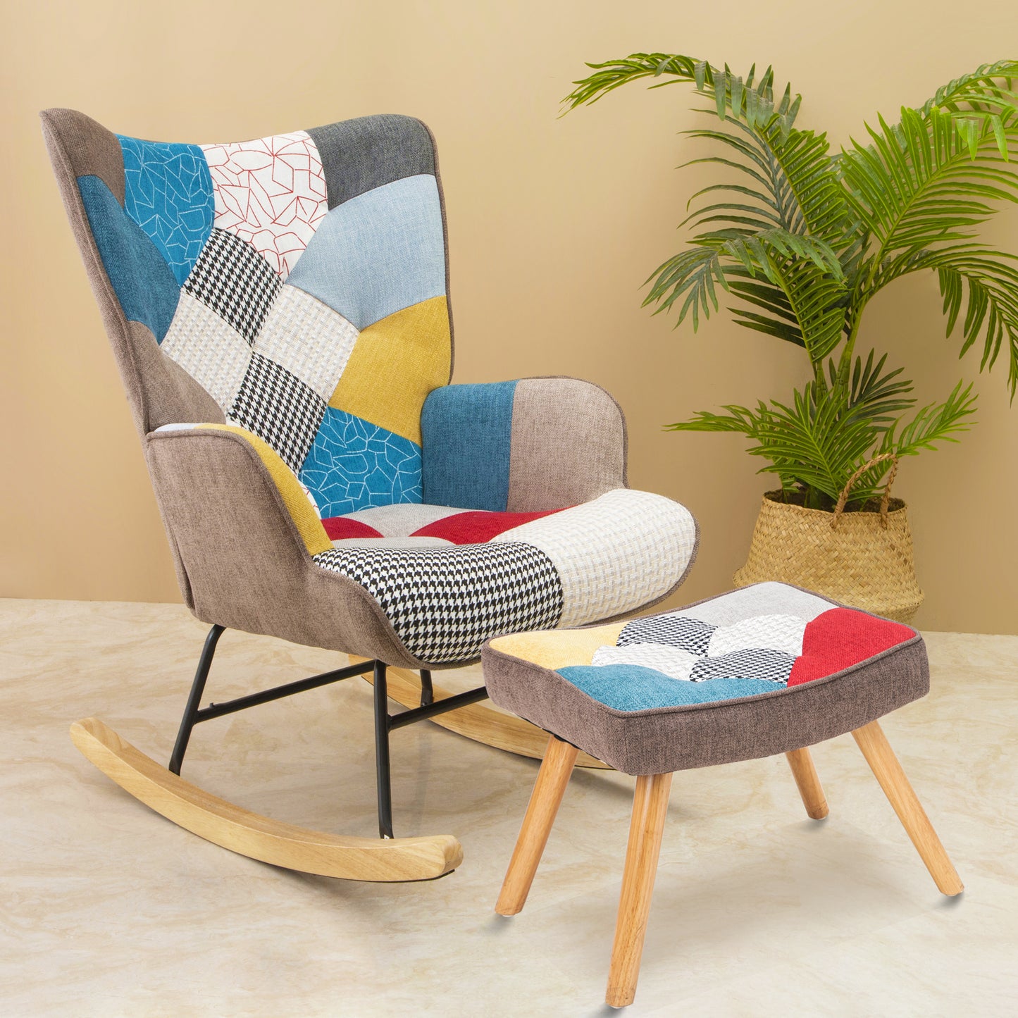 Mid-Century Rocking Chair with Ottoman – Patchwork Fabric Rocker with Wood Legs