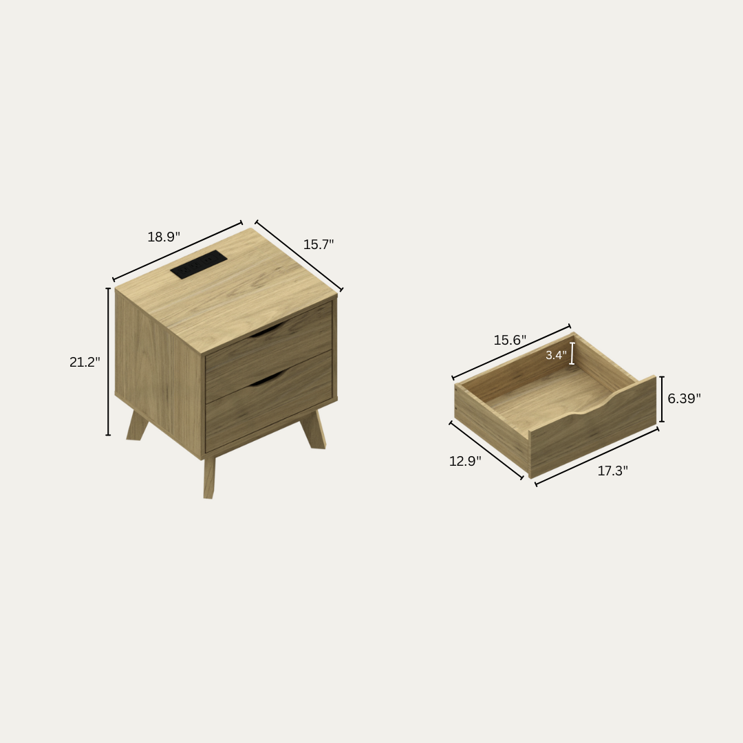 Nordica Oak Nightstand with USB & Type-C Charging – 2-Drawer Bedside Table