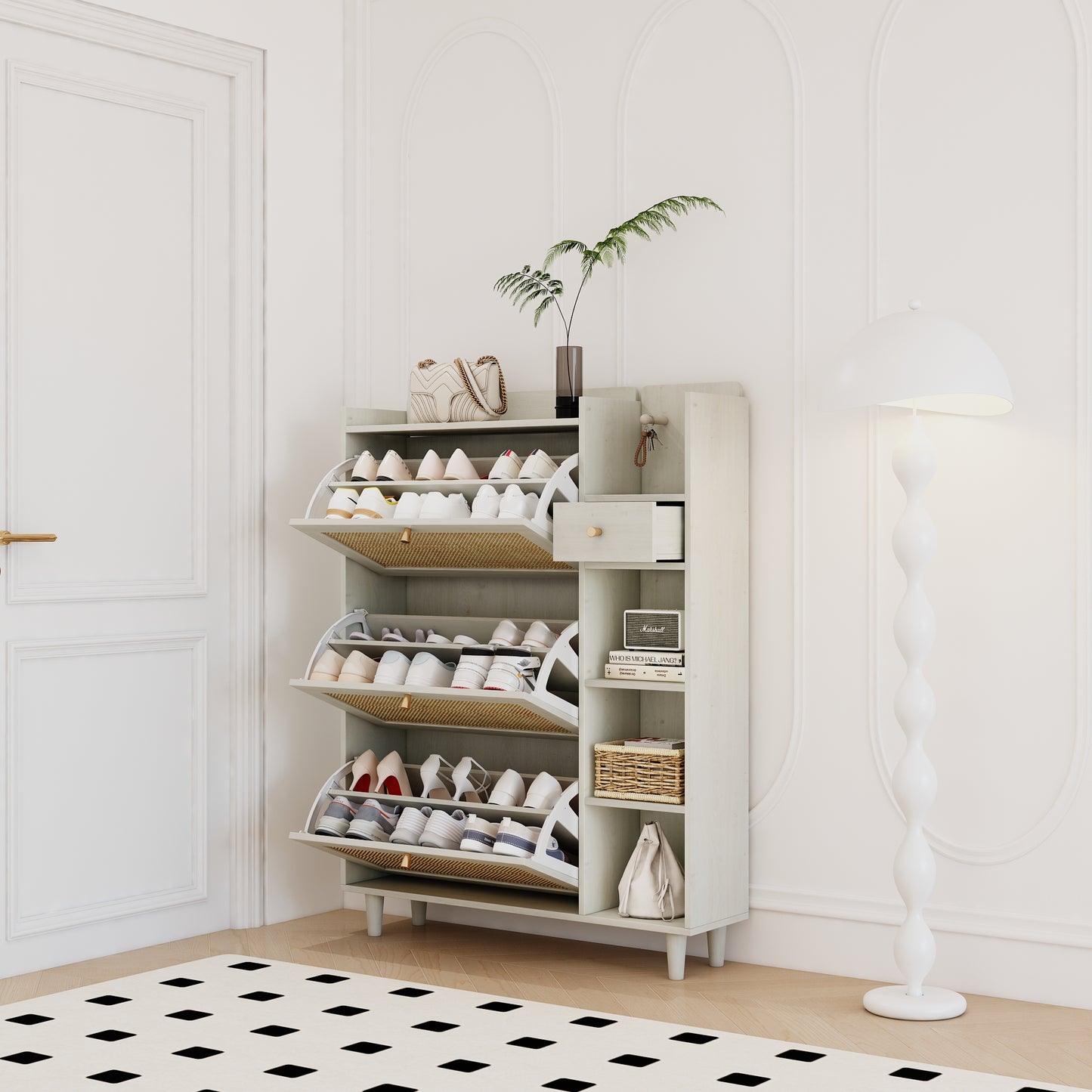 Natural Boho Rattan Shoe Cabinet – 3 Flip Drawers, Open Shelves & Storage Drawer