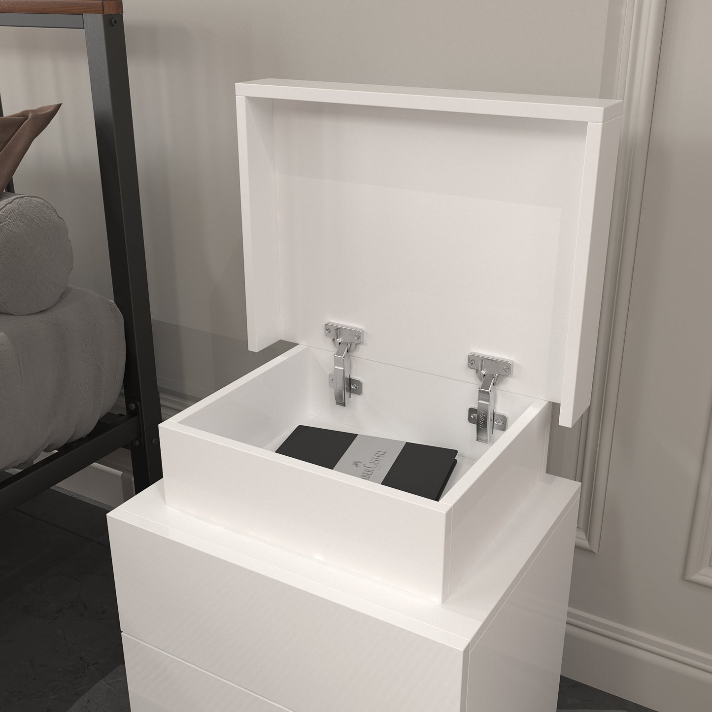 Modern White Nightstand with LED Lights & 2 Storage Drawers