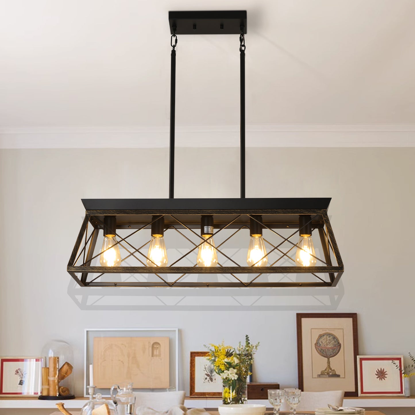 5-Light Farmhouse Chandelier – Rustic Black & Gold Pendant Light for Kitchen Island & Dining Room