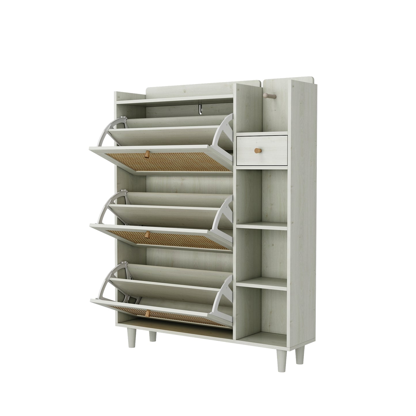 Natural Boho Rattan Shoe Cabinet – 3 Flip Drawers, Open Shelves & Storage Drawer