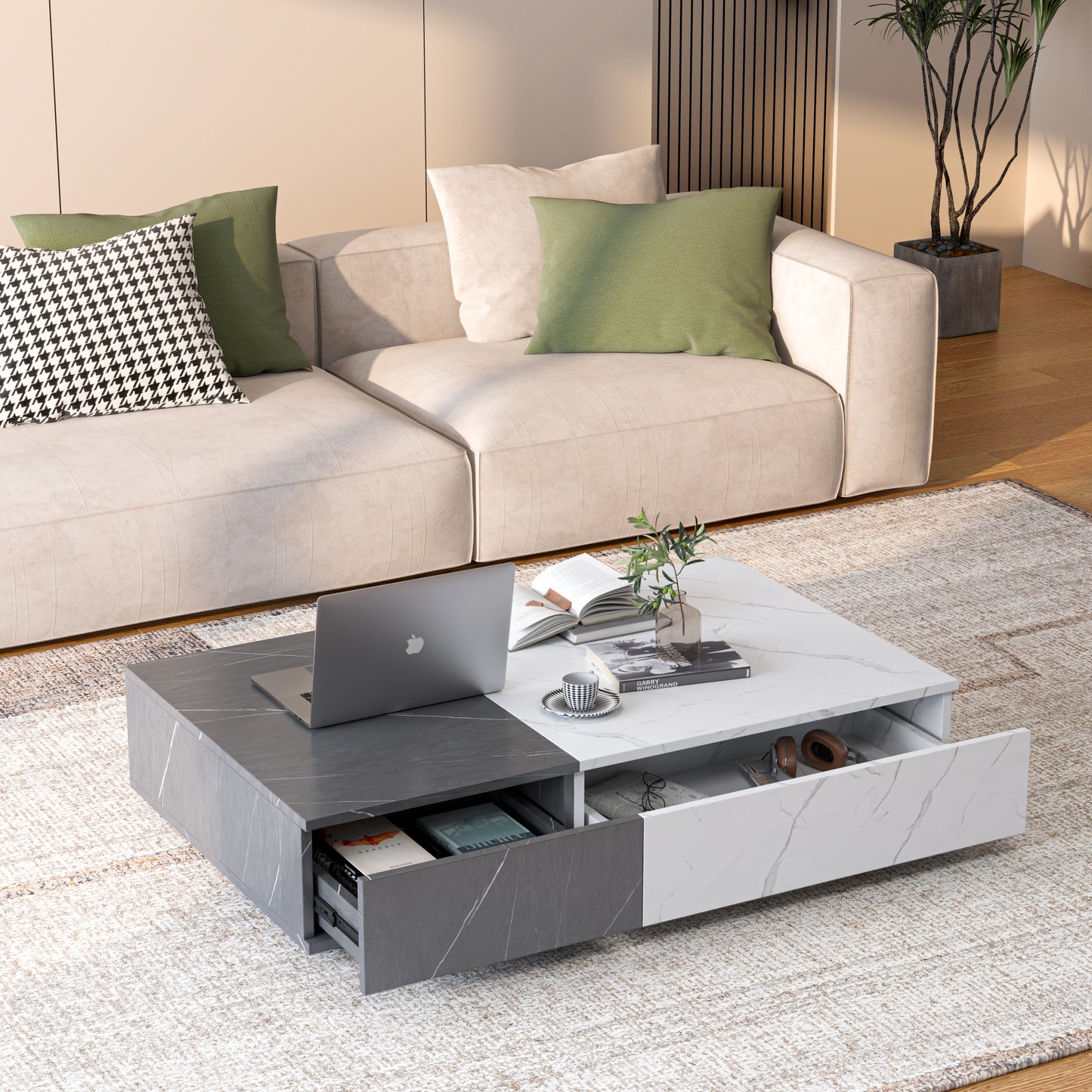Modern Black & White Coffee Table – Rectangular with 2 Storage Spaces