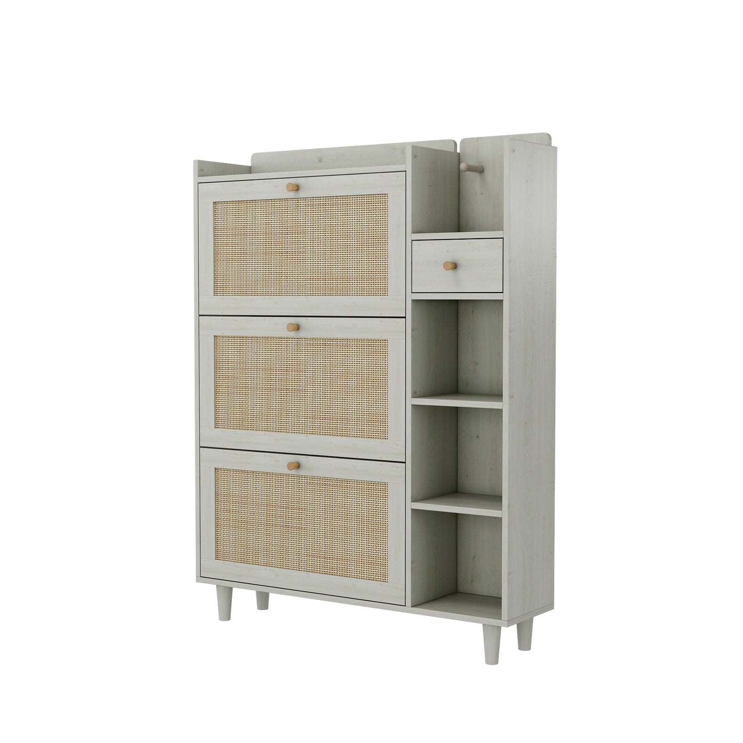 Natural Boho Rattan Shoe Cabinet – 3 Flip Drawers, Open Shelves & Storage Drawer