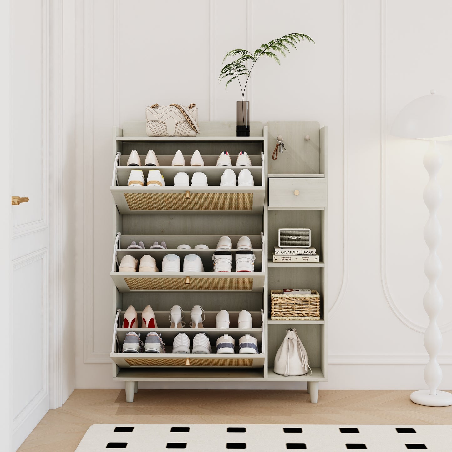Natural Boho Rattan Shoe Cabinet – 3 Flip Drawers, Open Shelves & Storage Drawer