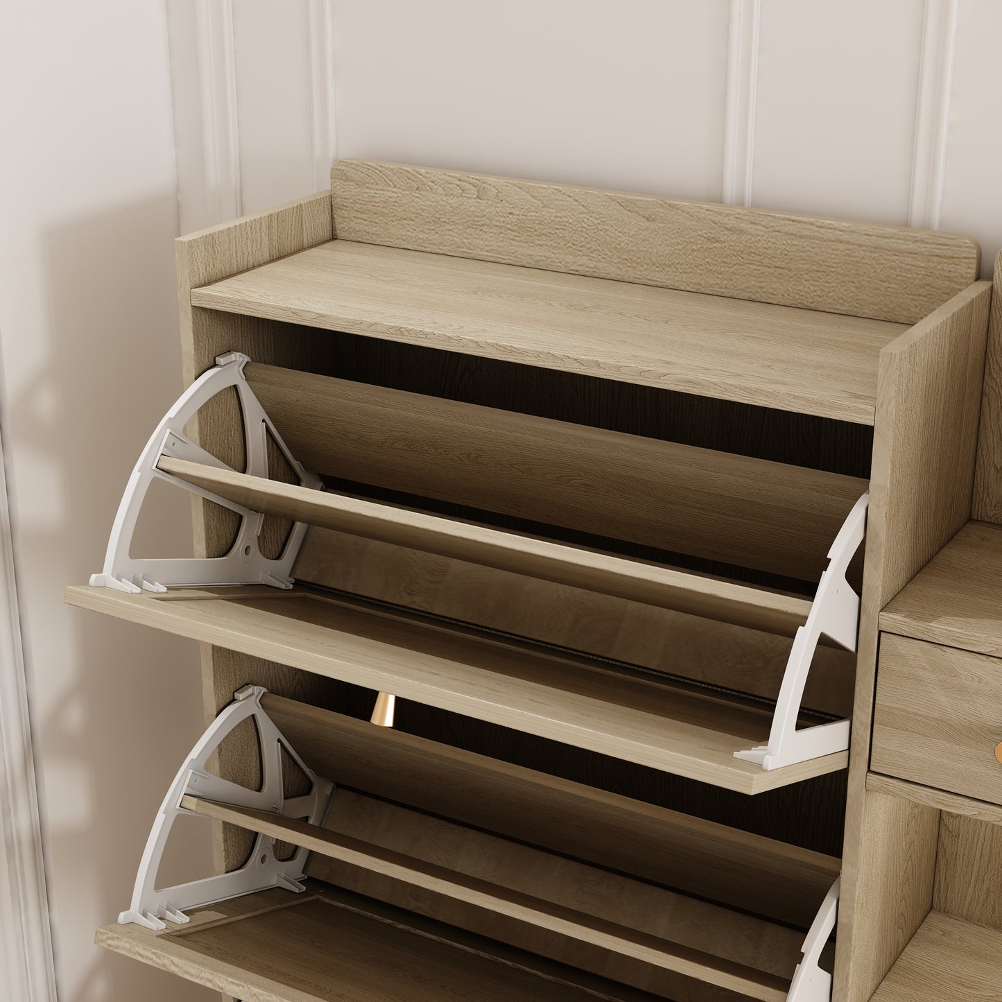 Natural Bohemian Rattan Shoe Cabinet – 3 Flip Drawers, Shelves & Storage Drawer