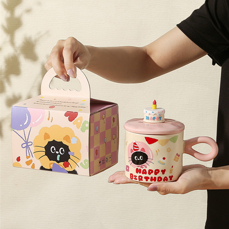 Adorable Cartoon Cat Mug with Lid – Cute Ceramic Coffee Cup for Gifts & Office Use