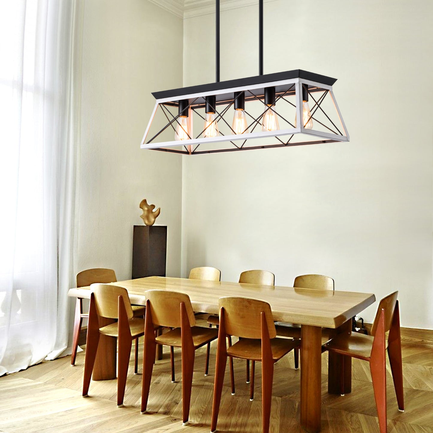 5-Light Farmhouse Chandelier – White Rustic Pendant Light for Dining Room & Kitchen