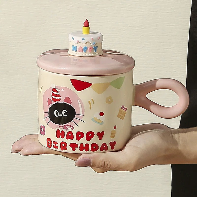 Adorable Cartoon Cat Mug with Lid – Cute Ceramic Coffee Cup for Gifts & Office Use