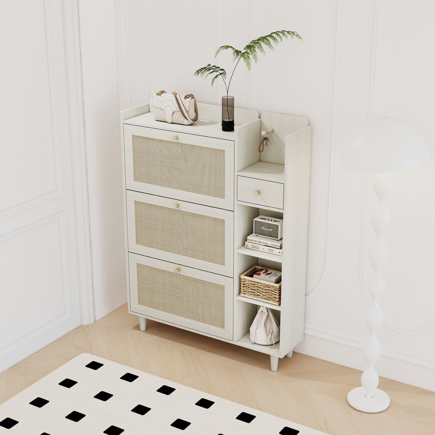 Natural Boho Rattan Shoe Cabinet – 3 Flip Drawers, Open Shelves & Storage Drawer
