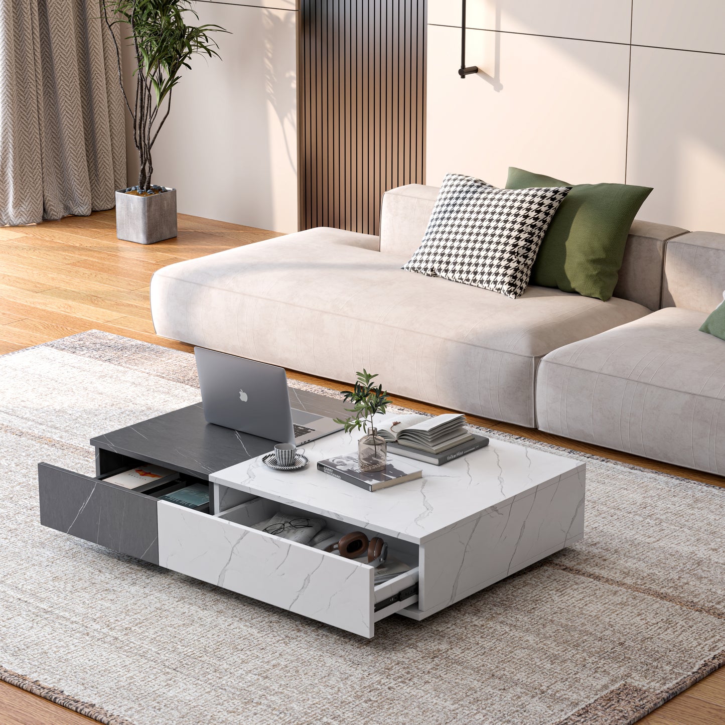 Modern Black & White Coffee Table – Rectangular with 2 Storage Spaces