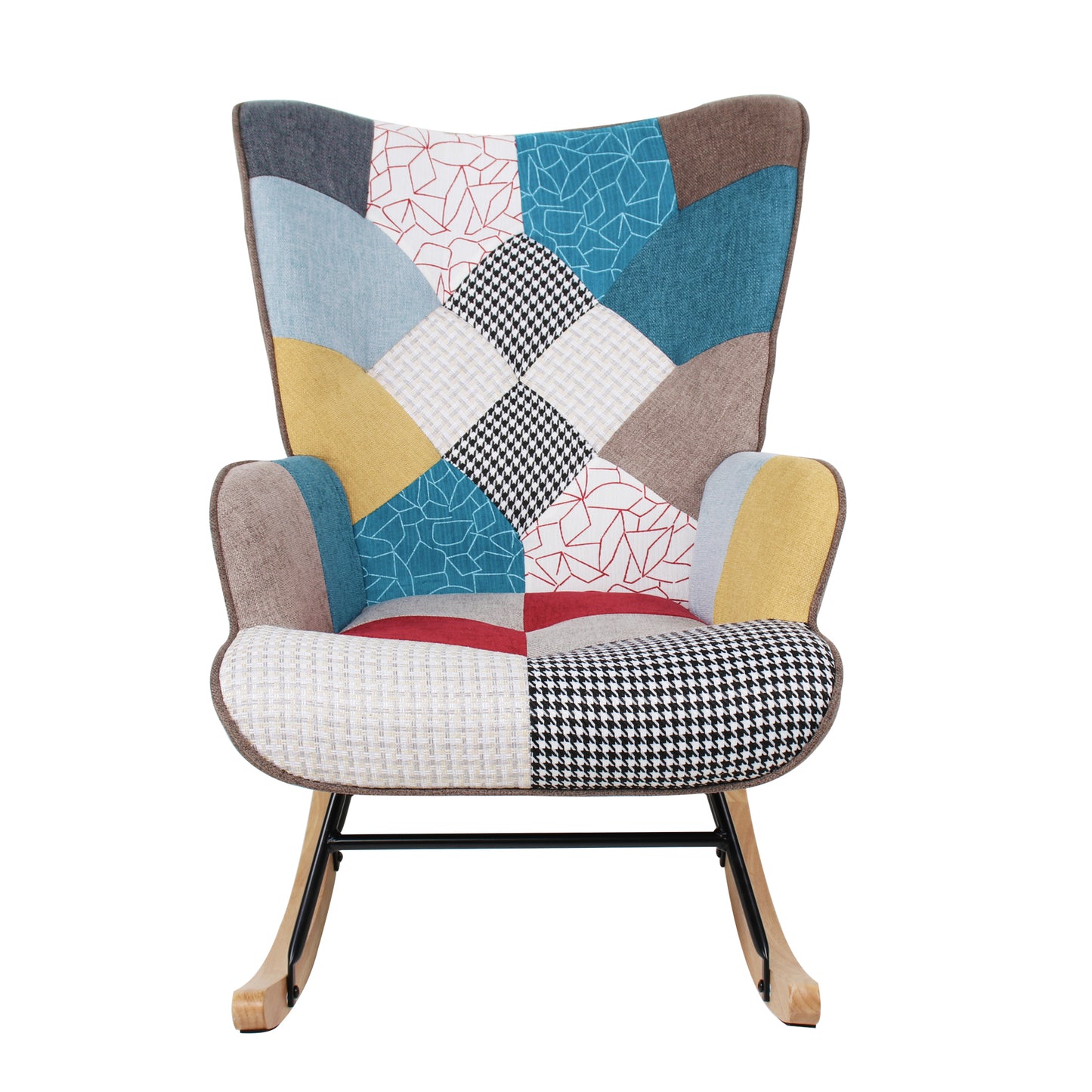 Mid-Century Rocking Chair with Ottoman – Patchwork Fabric Rocker with Wood Legs