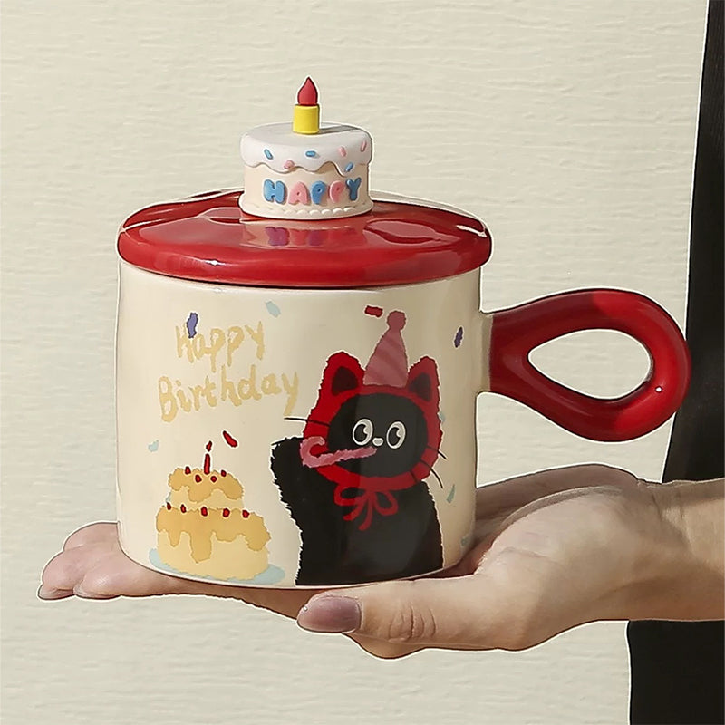 Adorable Cartoon Cat Mug with Lid – Cute Ceramic Coffee Cup for Gifts & Office Use