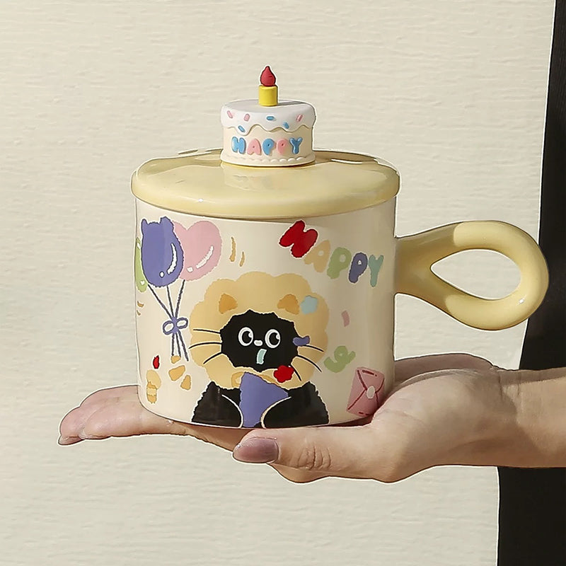 Adorable Cartoon Cat Mug with Lid – Cute Ceramic Coffee Cup for Gifts & Office Use