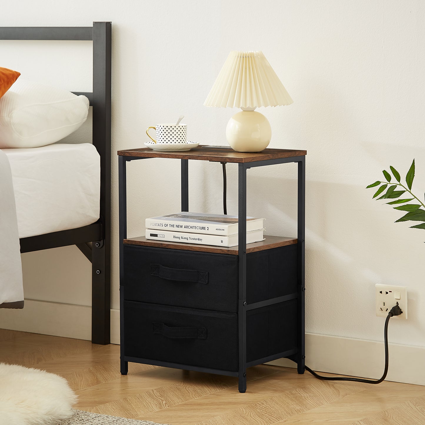 Table with Charging Station – Nightstand with USB Ports, Outlet & Storage Drawerss