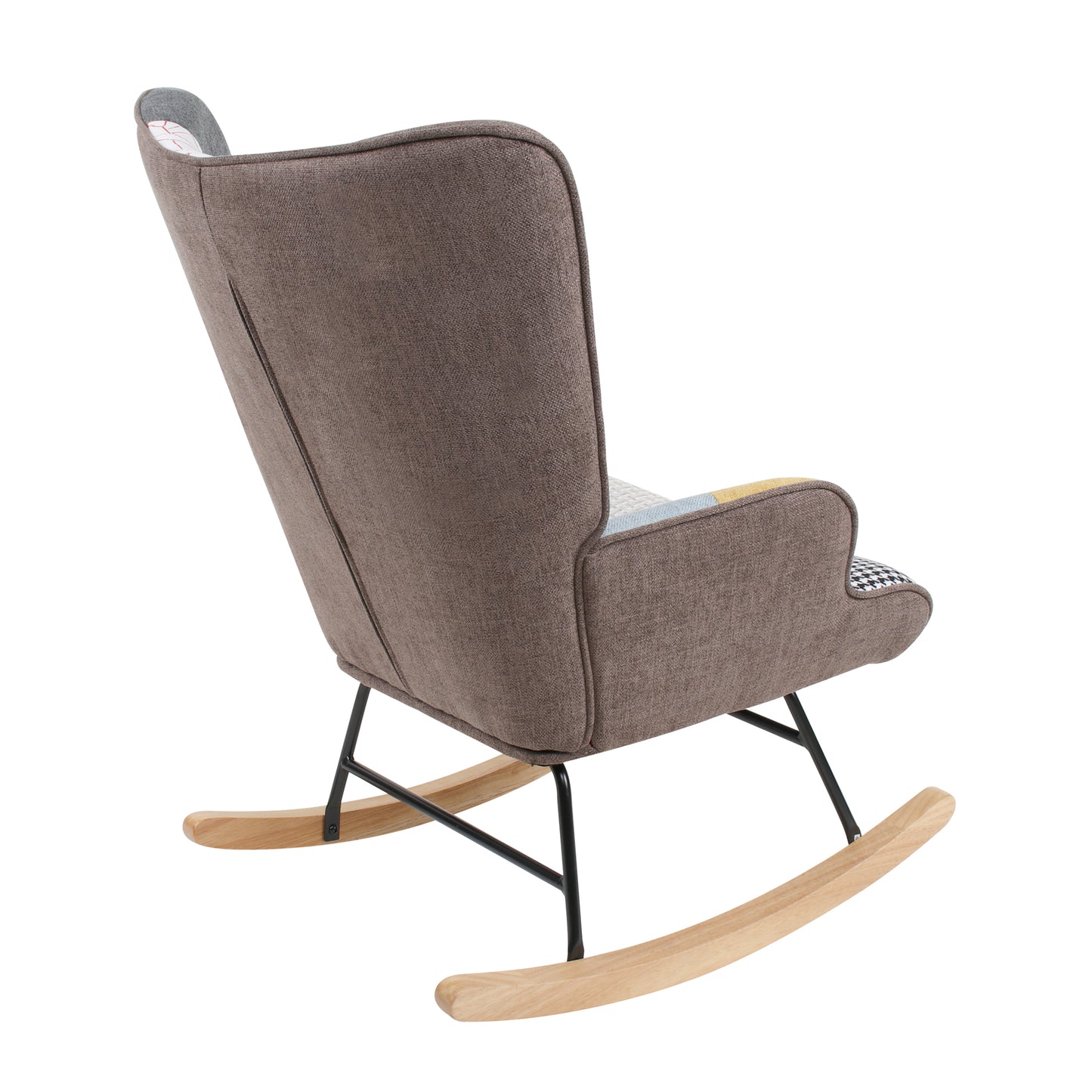 Mid-Century Rocking Chair with Ottoman – Patchwork Fabric Rocker with Wood Legs