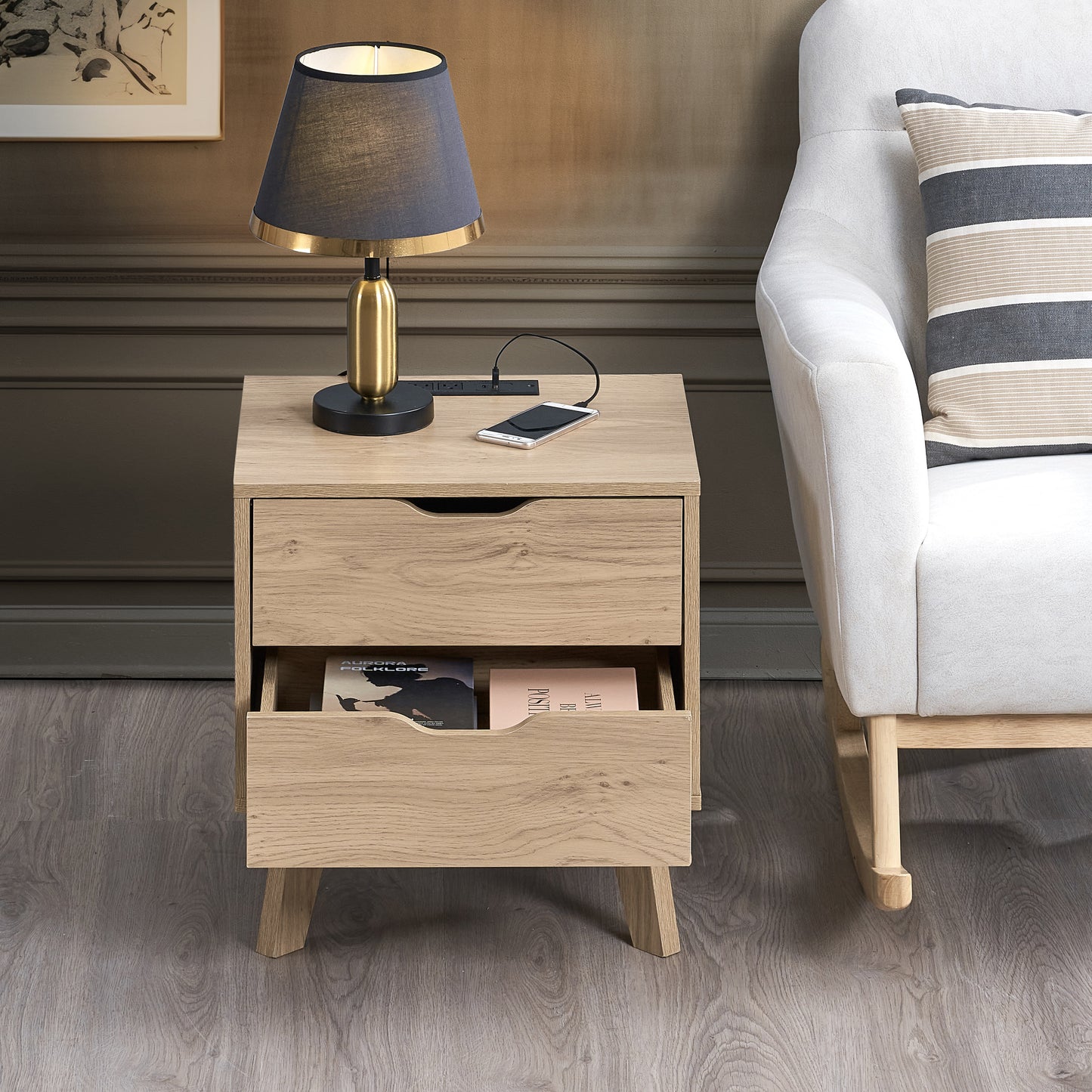 Nordica Oak Nightstand with USB & Type-C Charging – 2-Drawer Bedside Table