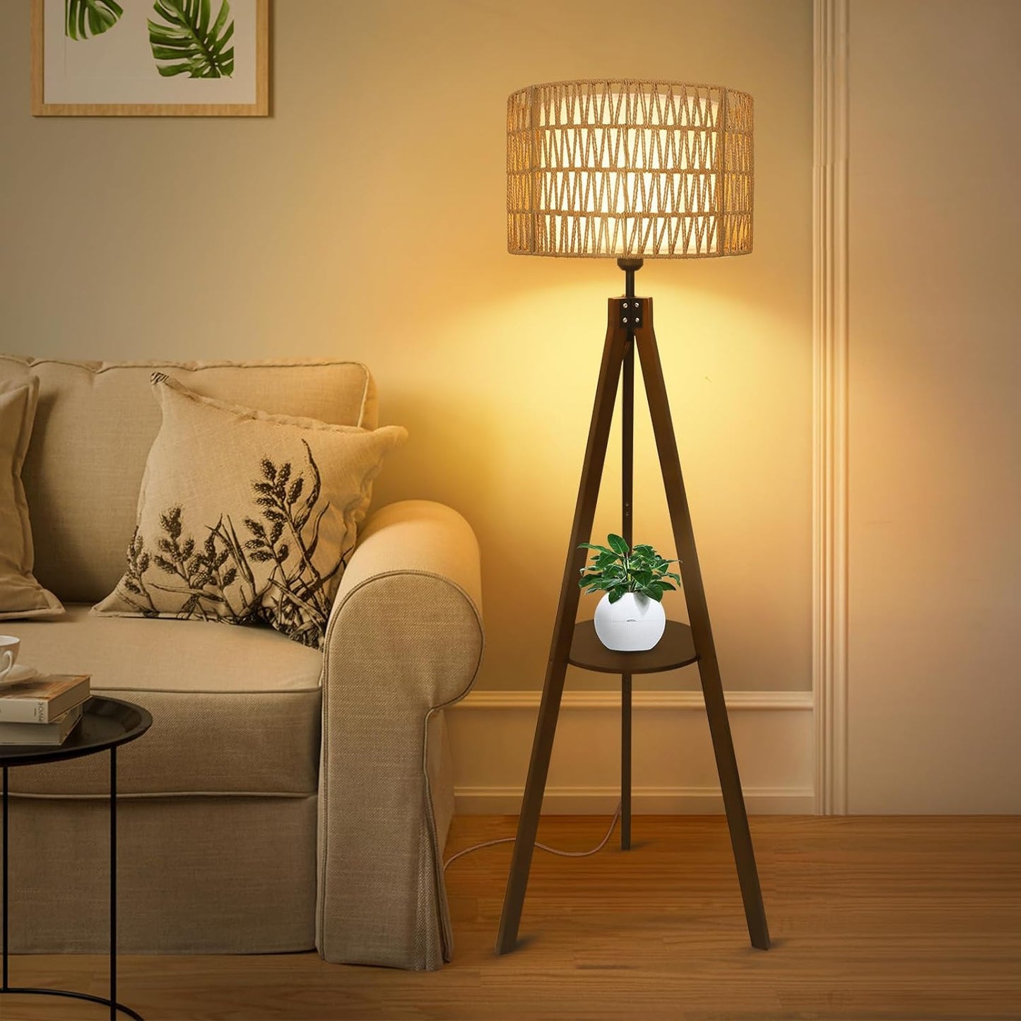 Boho Tripod Floor Lamp with Shelves