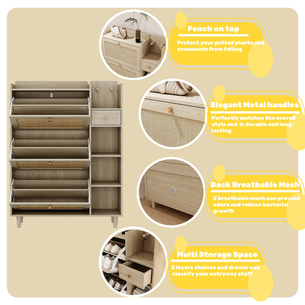 Natural Bohemian Rattan Shoe Cabinet – 3 Flip Drawers, Shelves & Storage Drawer
