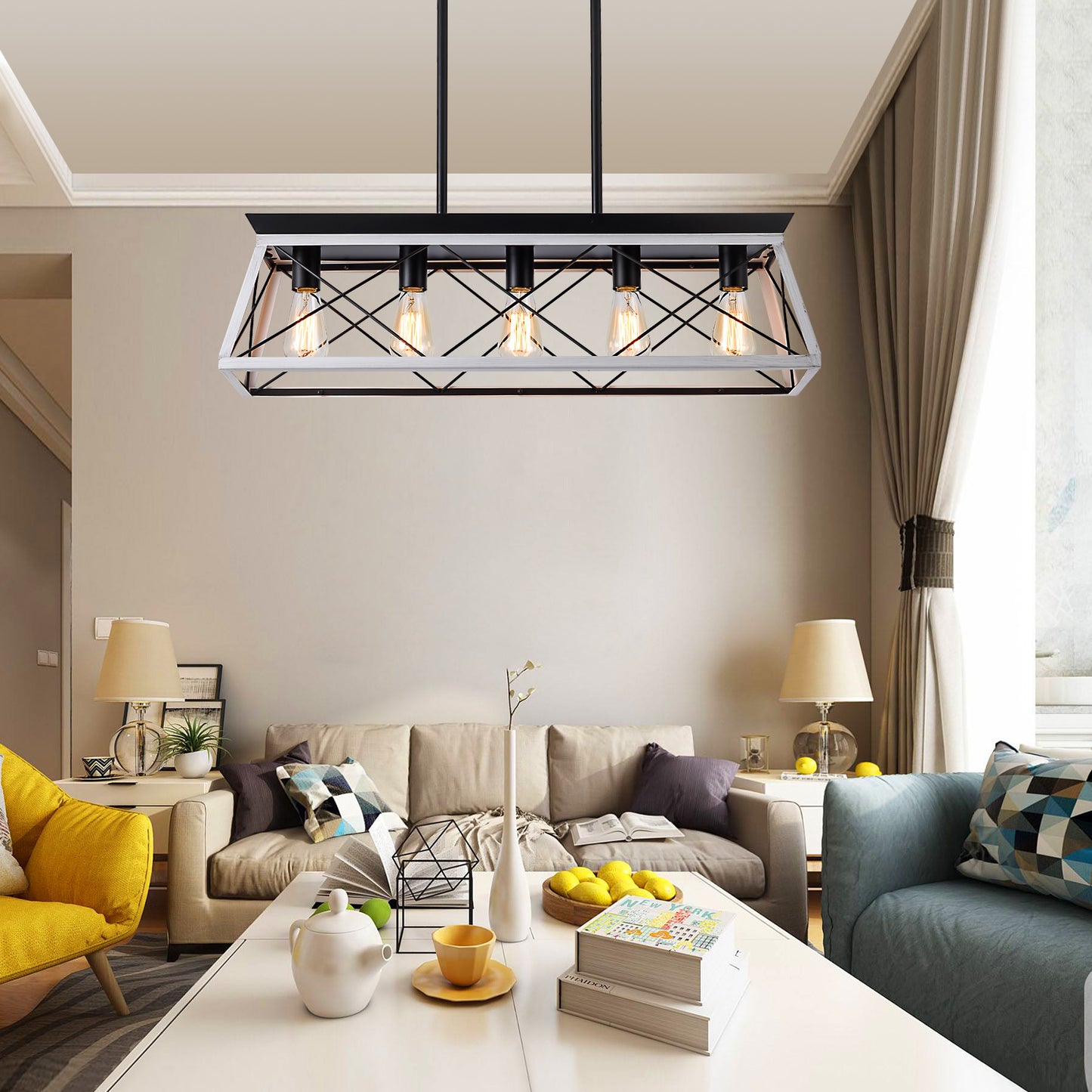 5-Light Farmhouse Chandelier – White Rustic Pendant Light for Dining Room & Kitchen