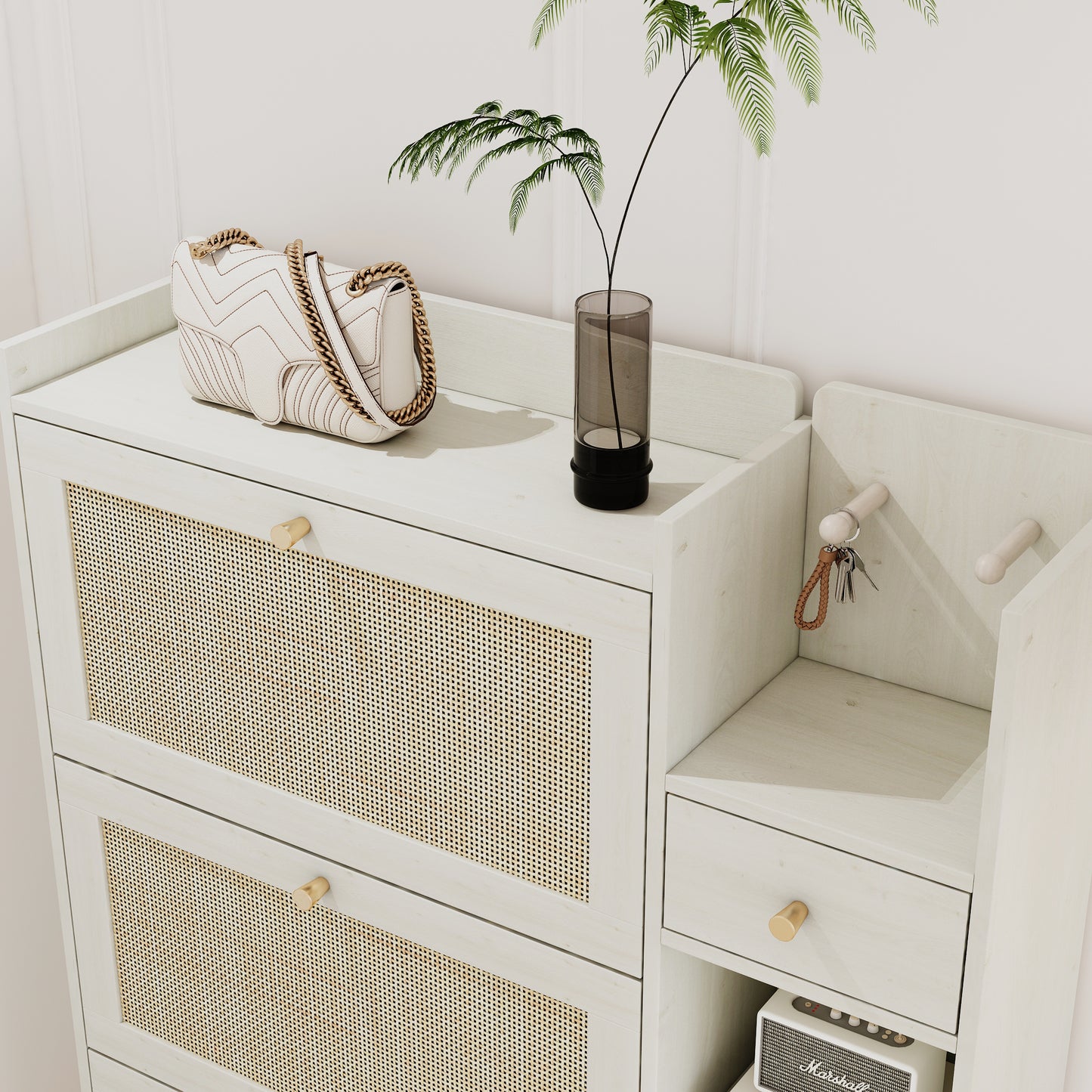 Natural Boho Rattan Shoe Cabinet – 3 Flip Drawers, Open Shelves & Storage Drawer
