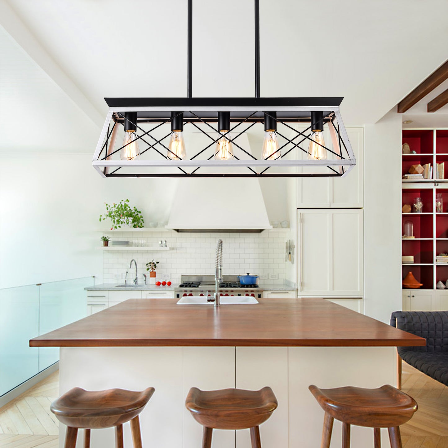 5-Light Farmhouse Chandelier – White Rustic Pendant Light for Dining Room & Kitchen