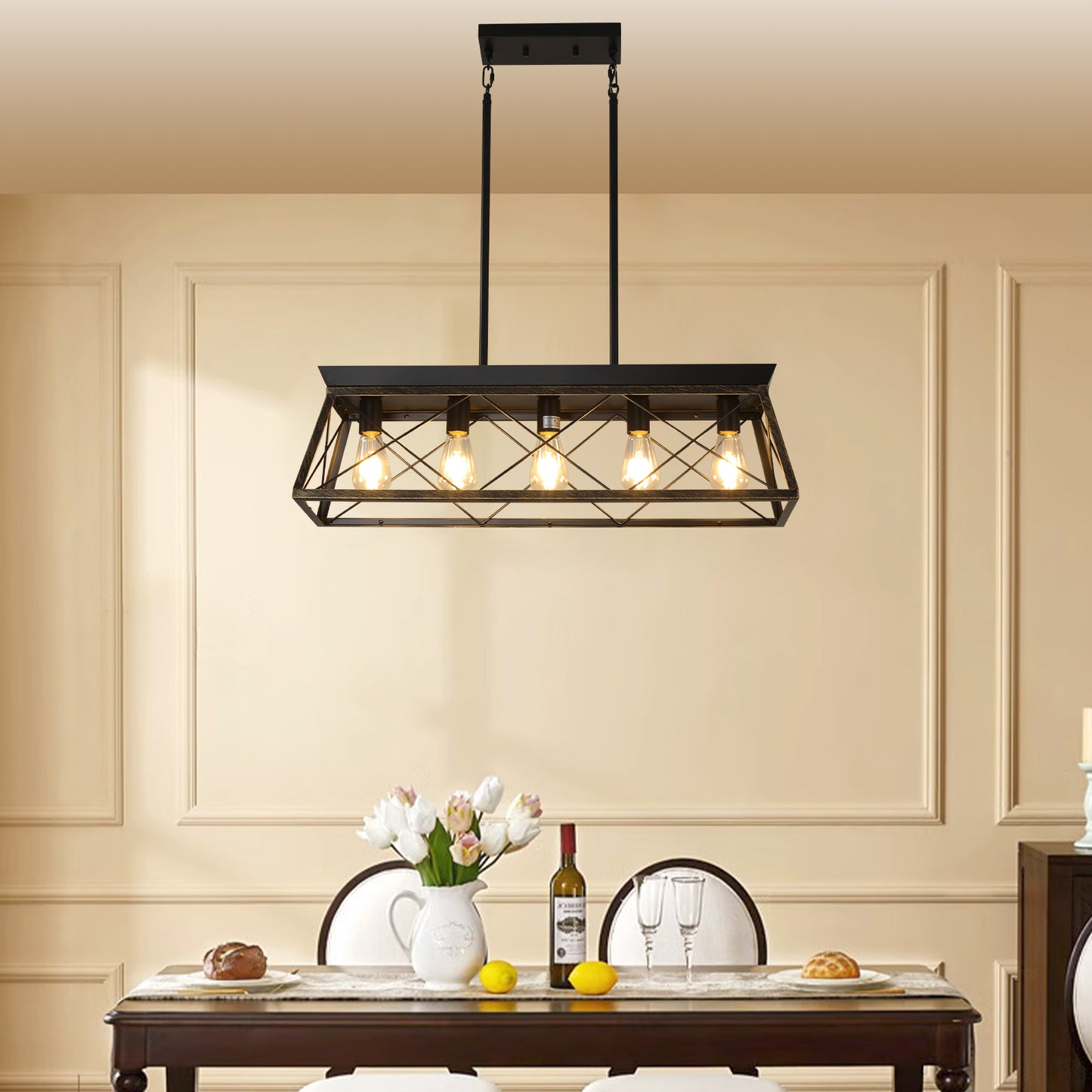 5-Light Farmhouse Chandelier – Rustic Black & Gold Pendant Light for Kitchen Island & Dining Room