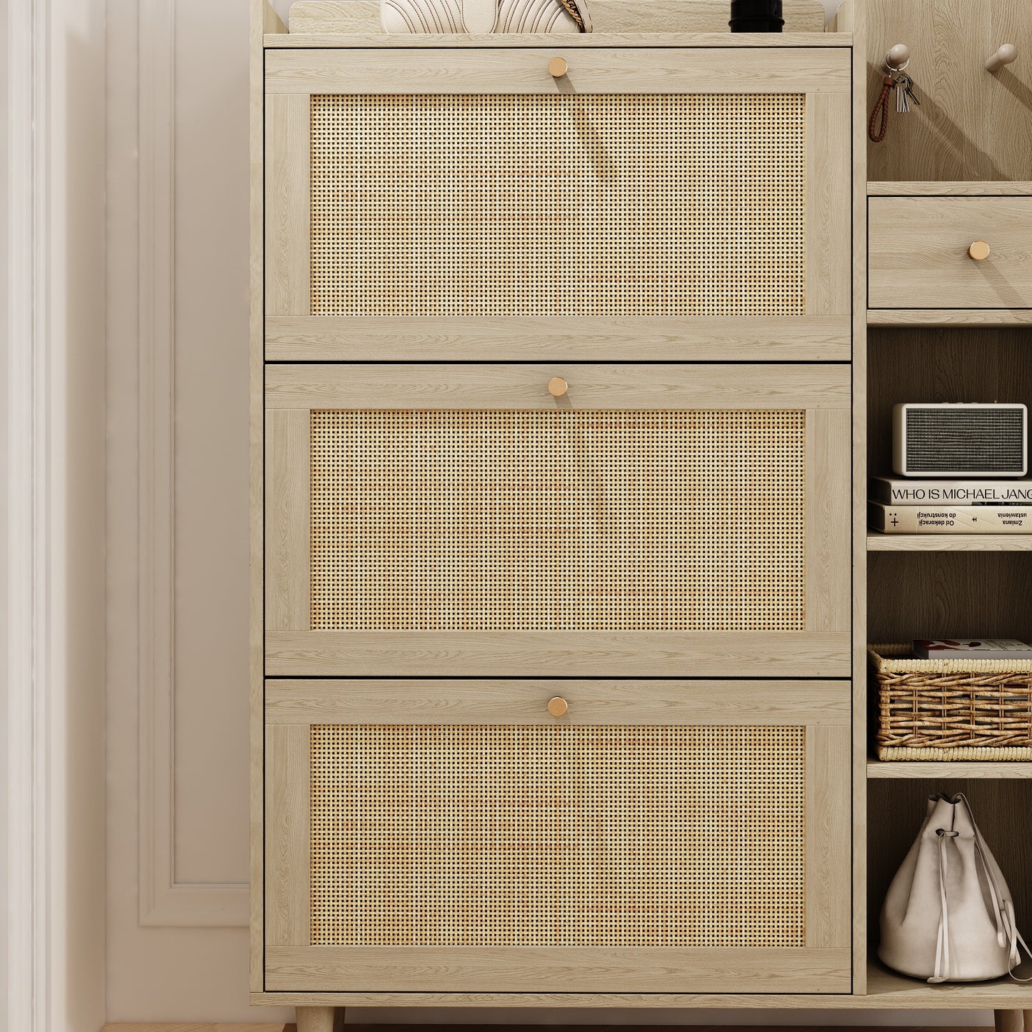 Natural Bohemian Rattan Shoe Cabinet – 3 Flip Drawers, Shelves & Storage Drawer