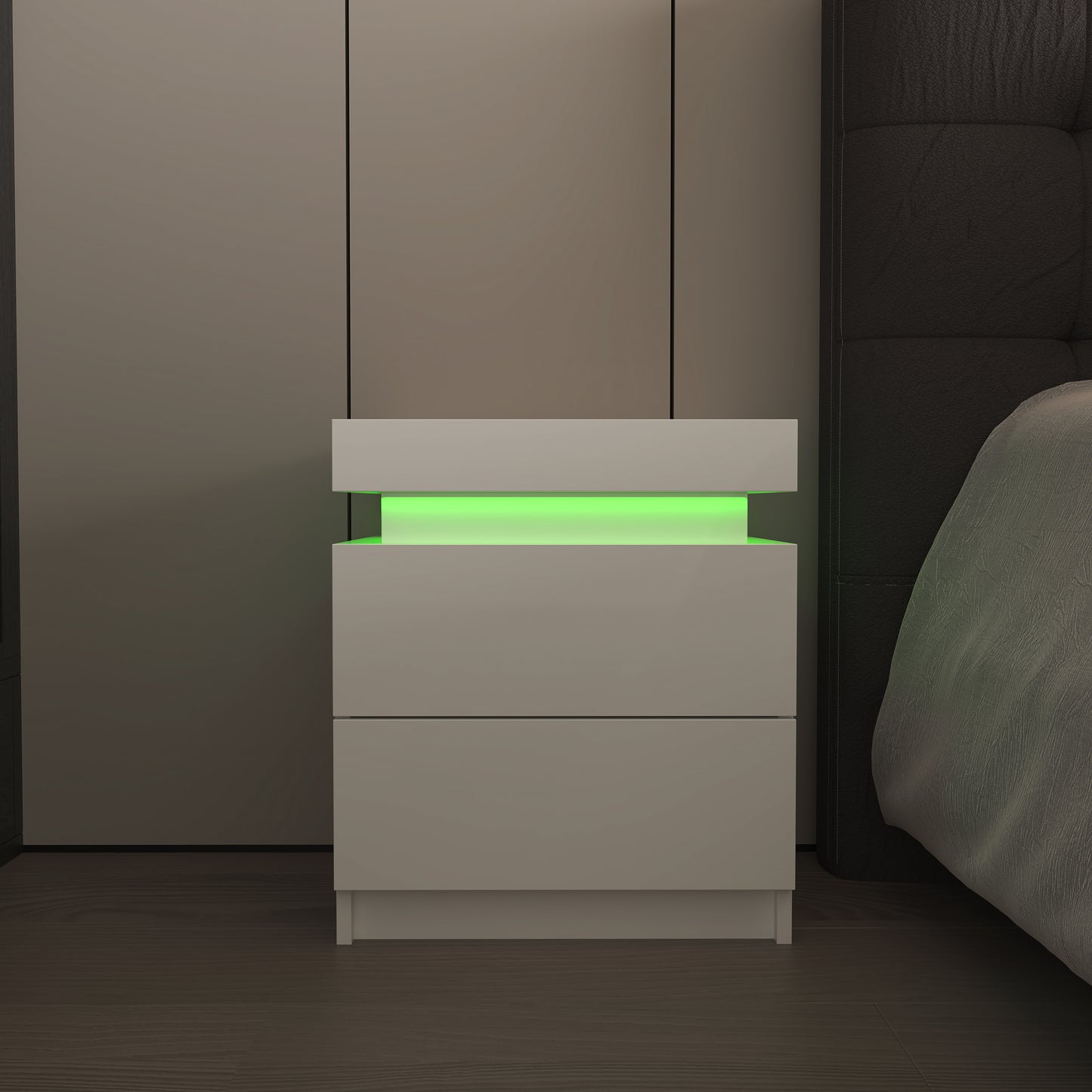 Modern White Nightstand with LED Lights & 2 Storage Drawers