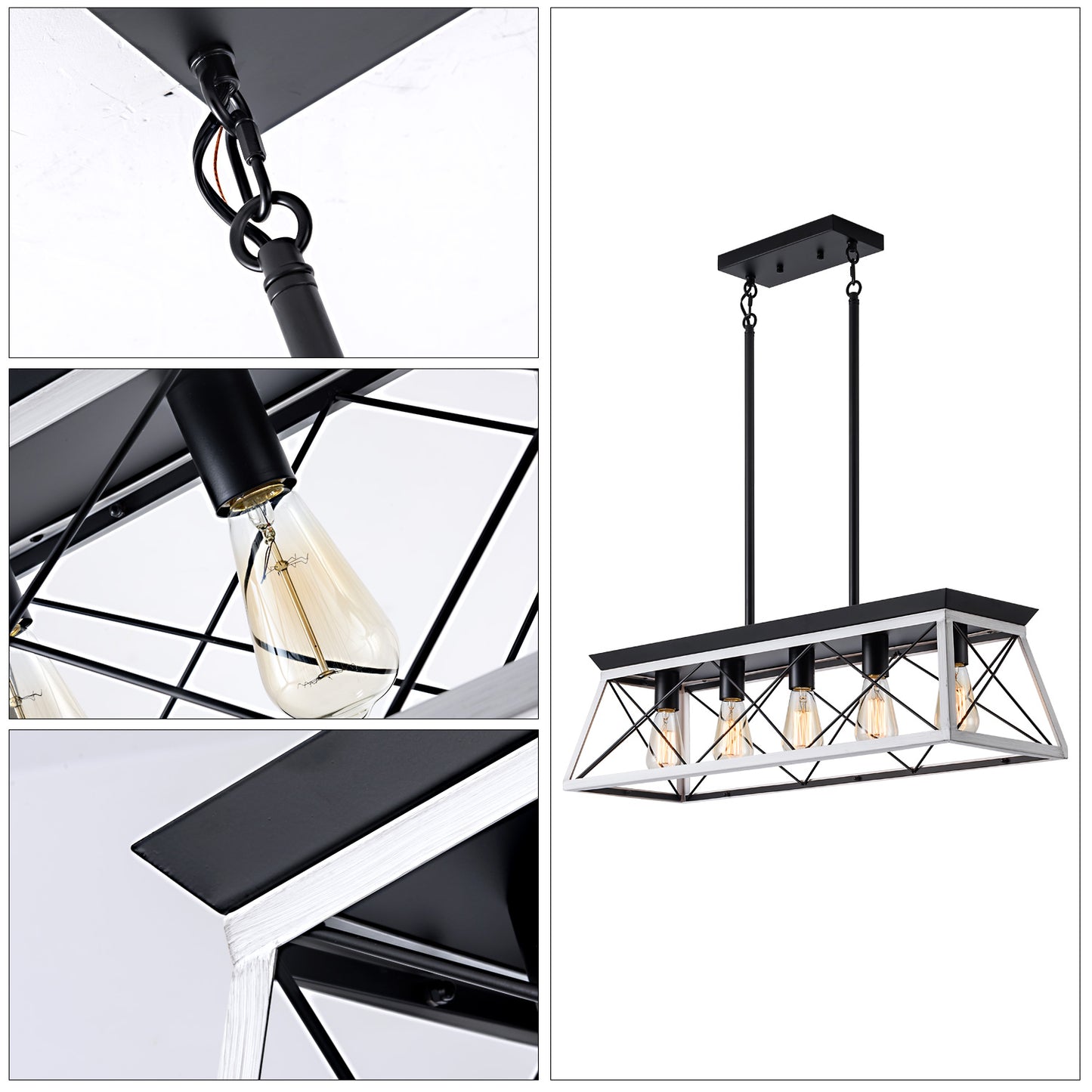 5-Light Farmhouse Chandelier – White Rustic Pendant Light for Dining Room & Kitchen
