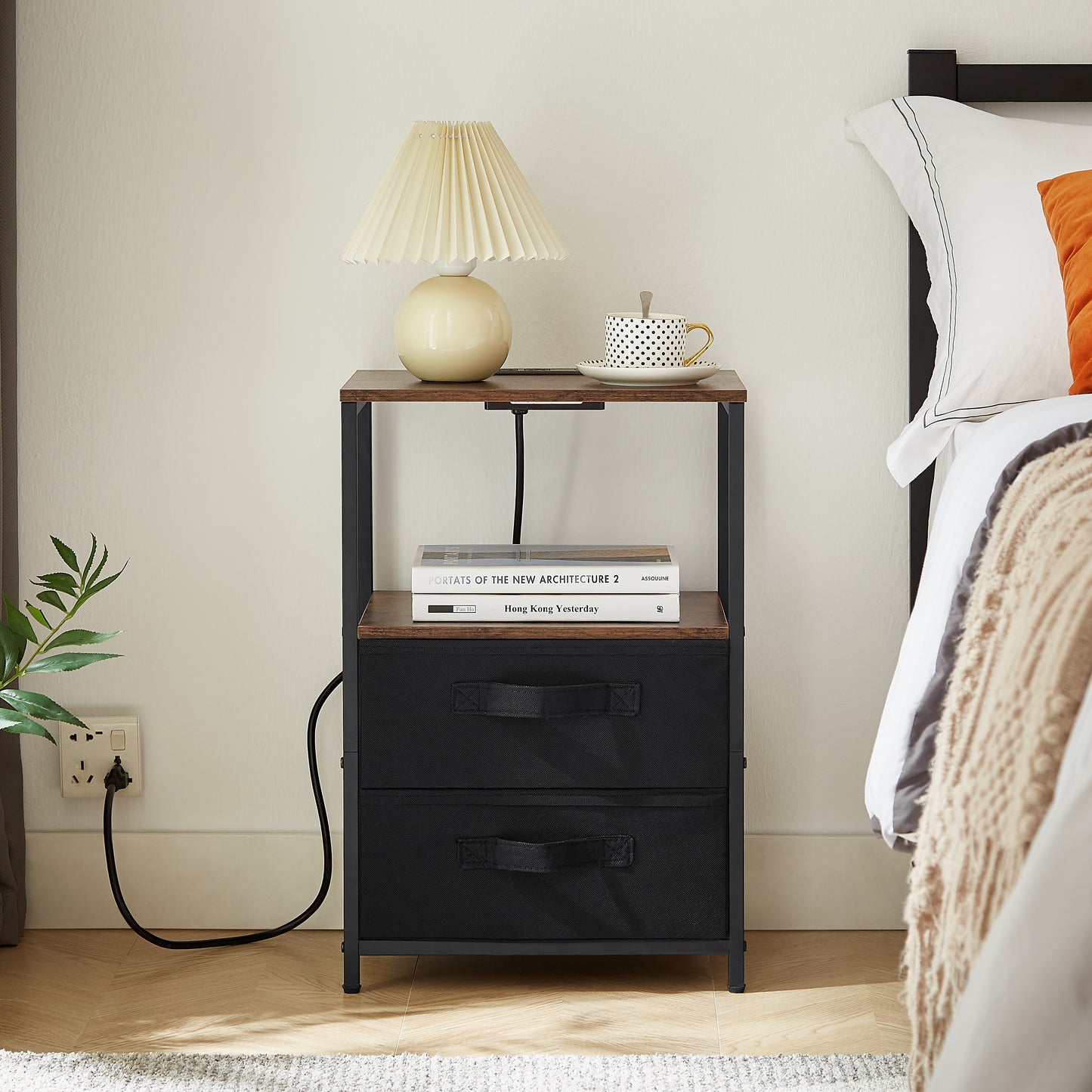 Table with Charging Station – Nightstand with USB Ports, Outlet & Storage Drawerss