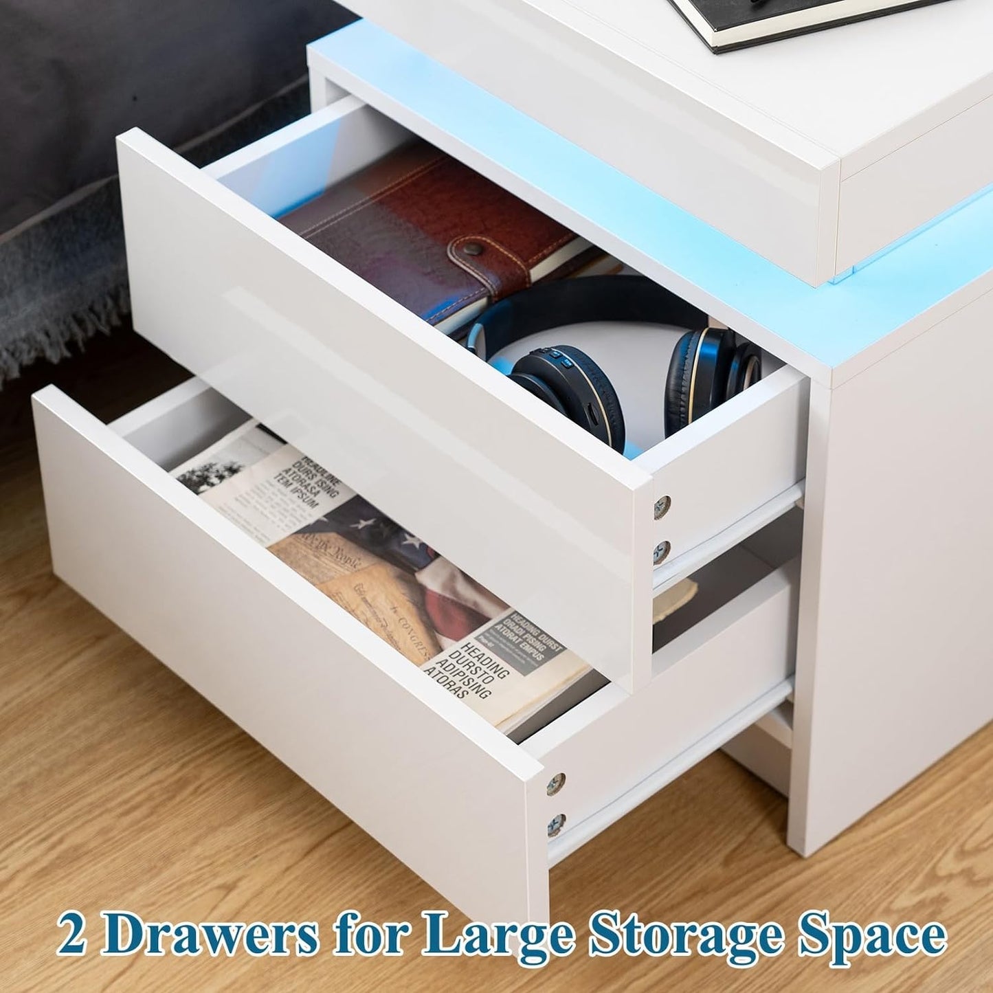 Modern White Nightstand with LED Lights & 2 Storage Drawers